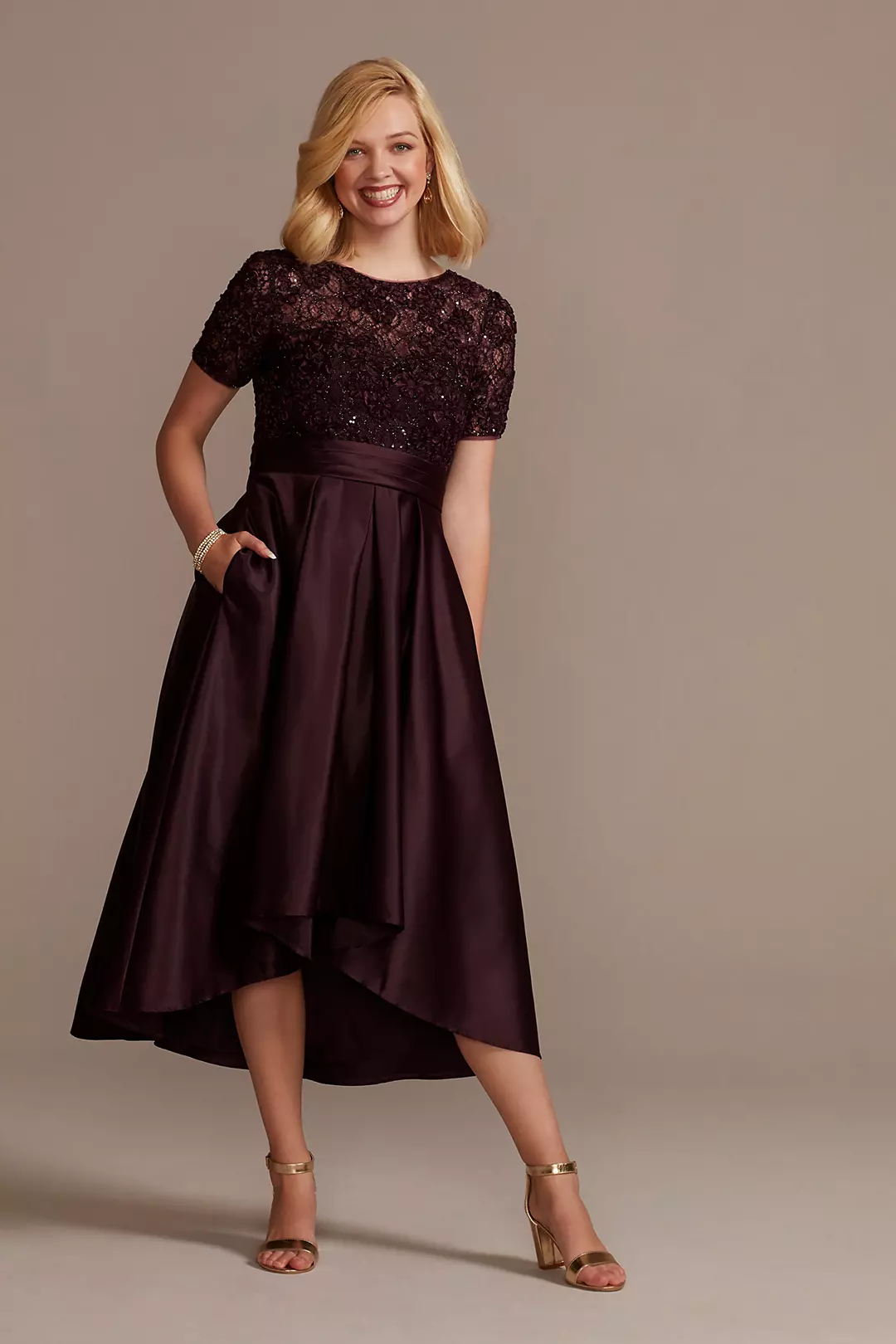 High Low Plus Size Satin Illusion Ball Gown - Image 4