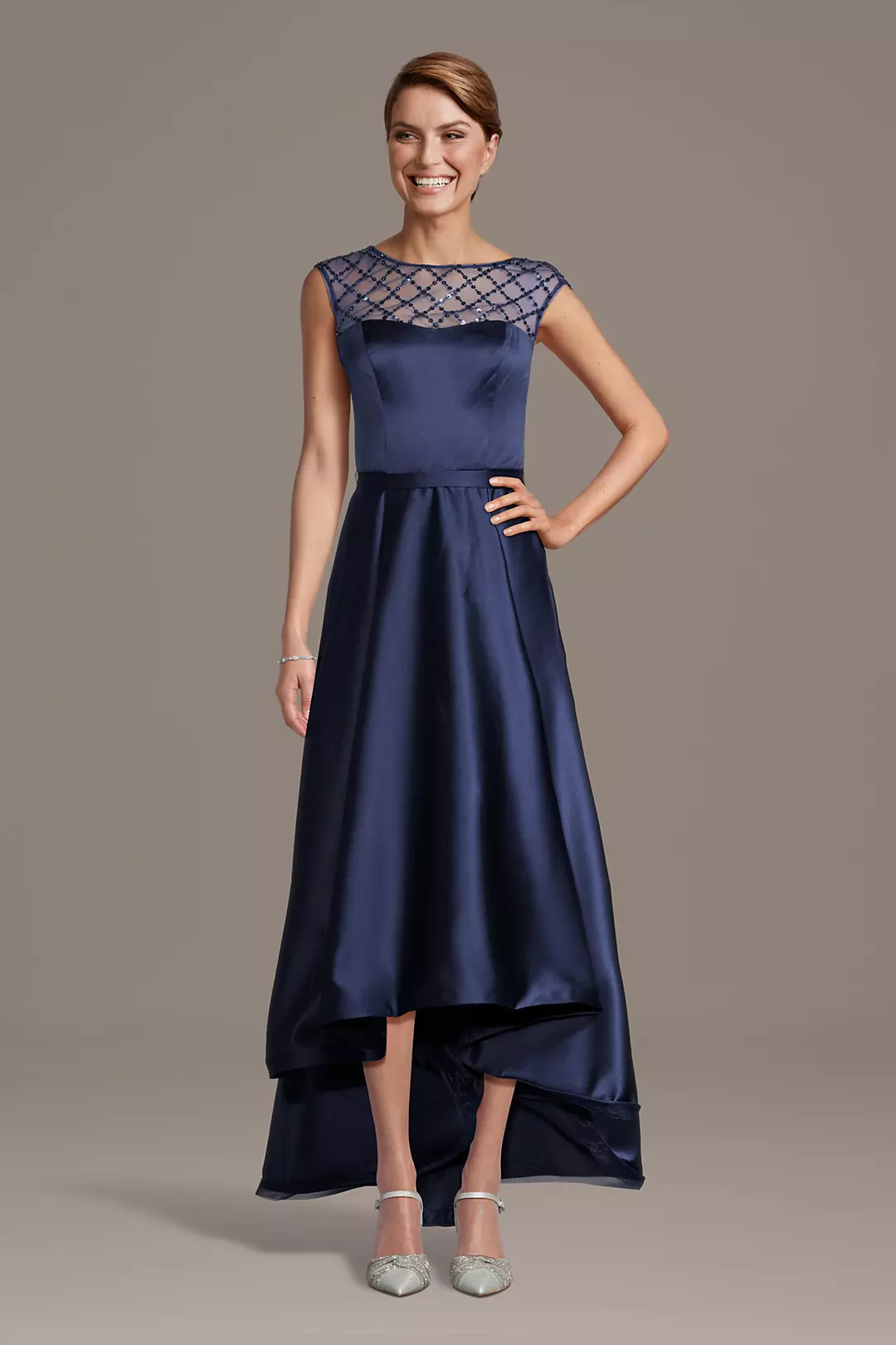 High-Low Sequin Latice Satin Tea-Length Dress