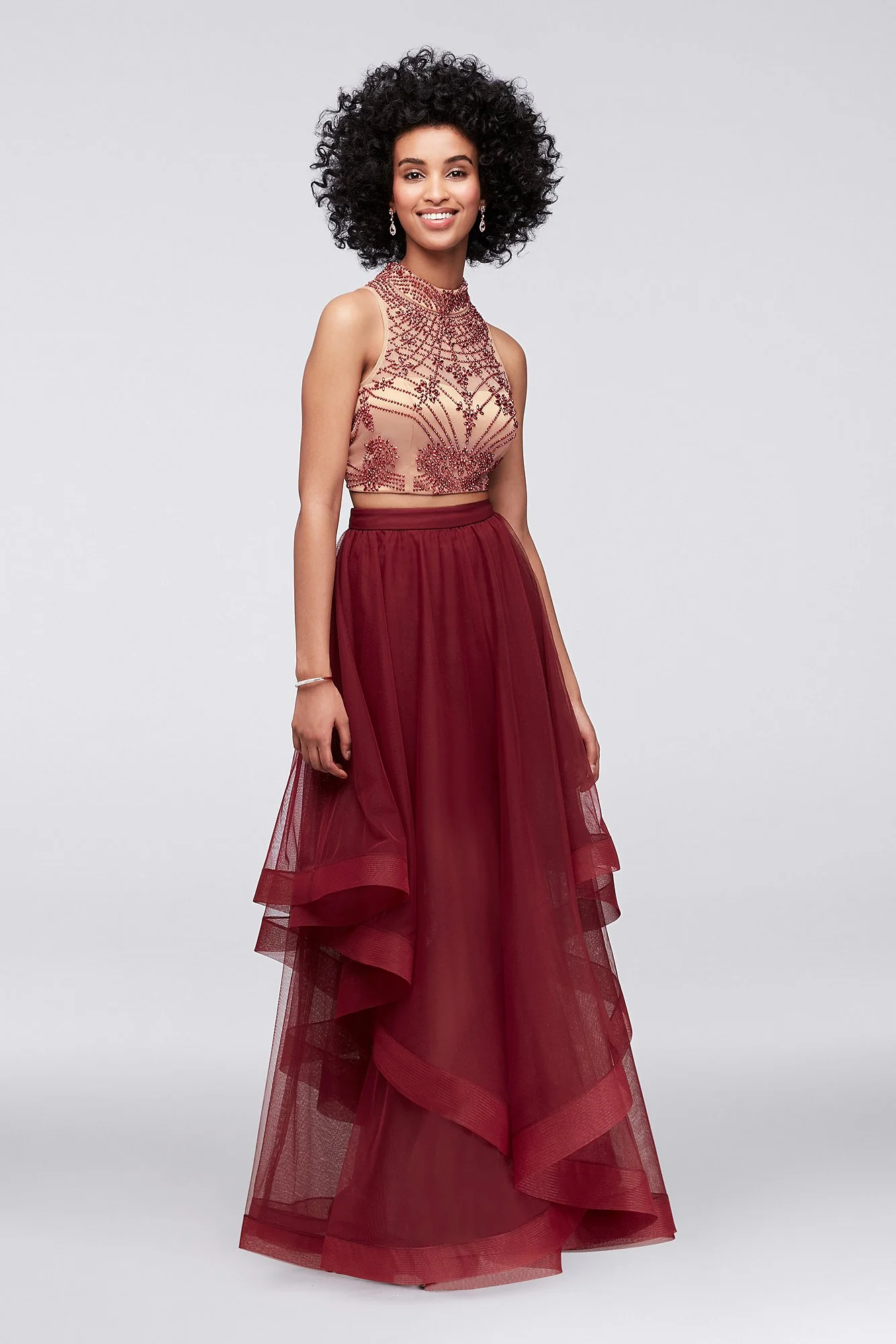 High-Neck Beaded Two-Piece Dress with Tulle Skirt - Image 2