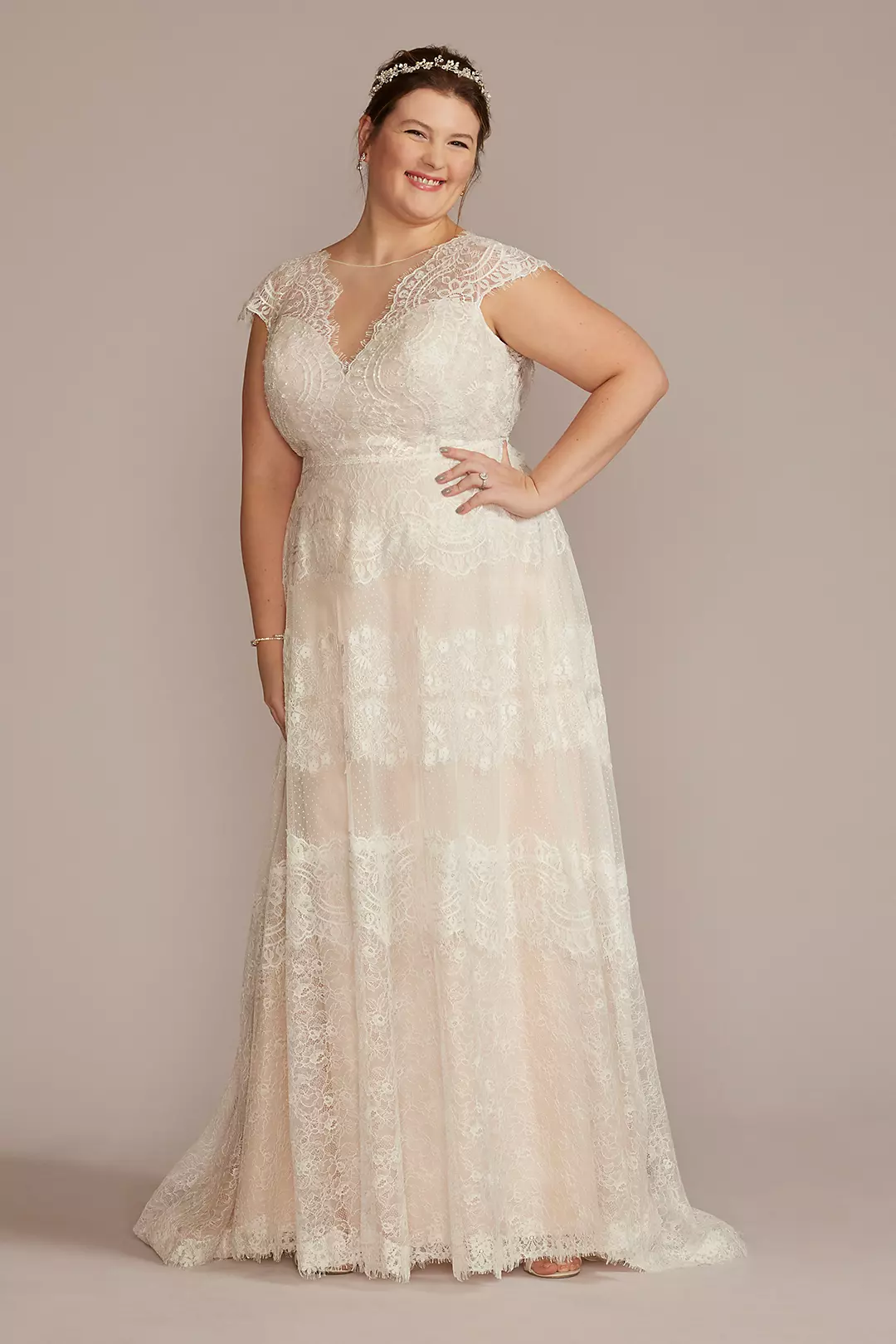 High Neck Cap Sleeve Lace A-Line Wedding Gown - Image 14