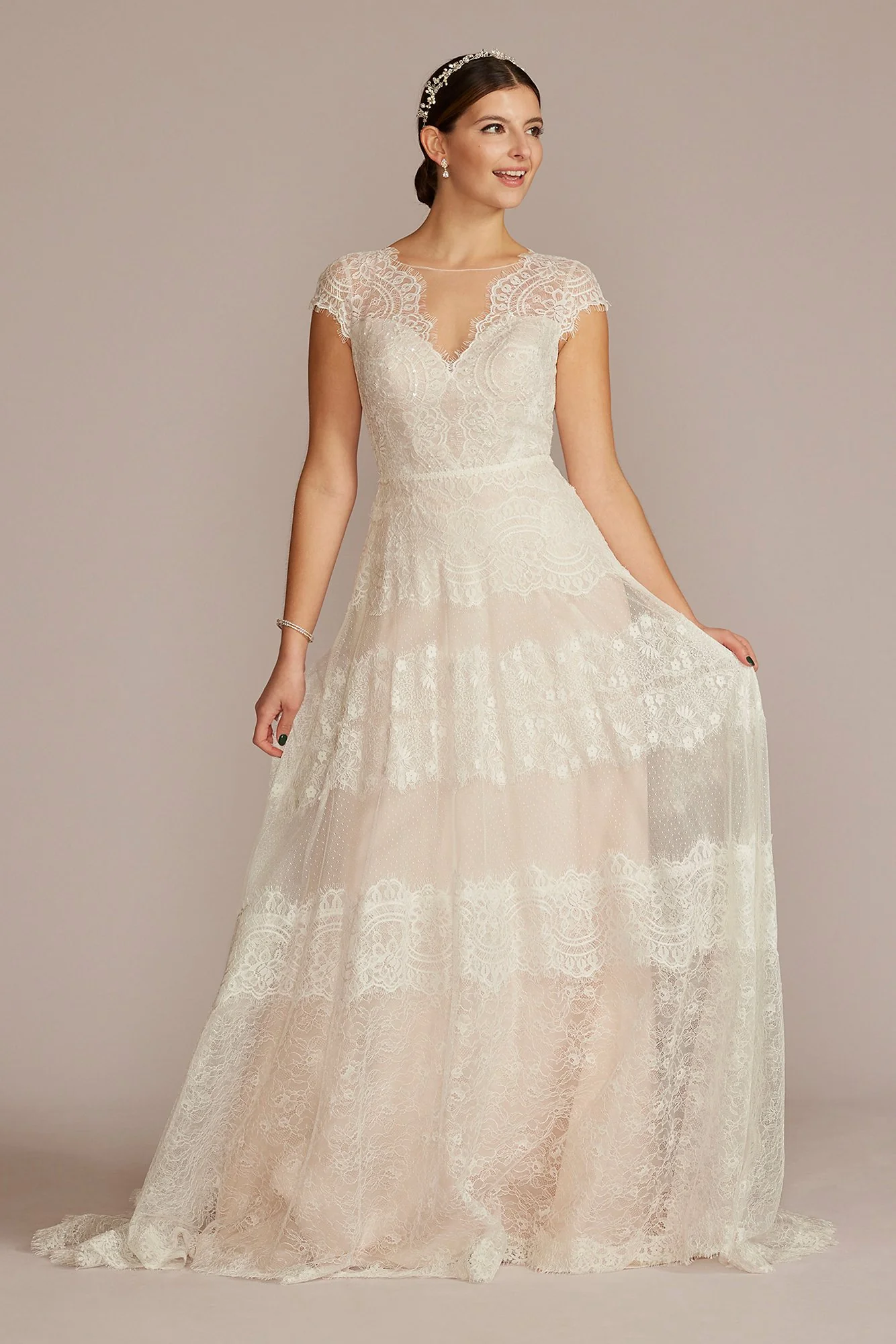 High Neck Cap Sleeve Lace A-Line Wedding Gown - Image 2