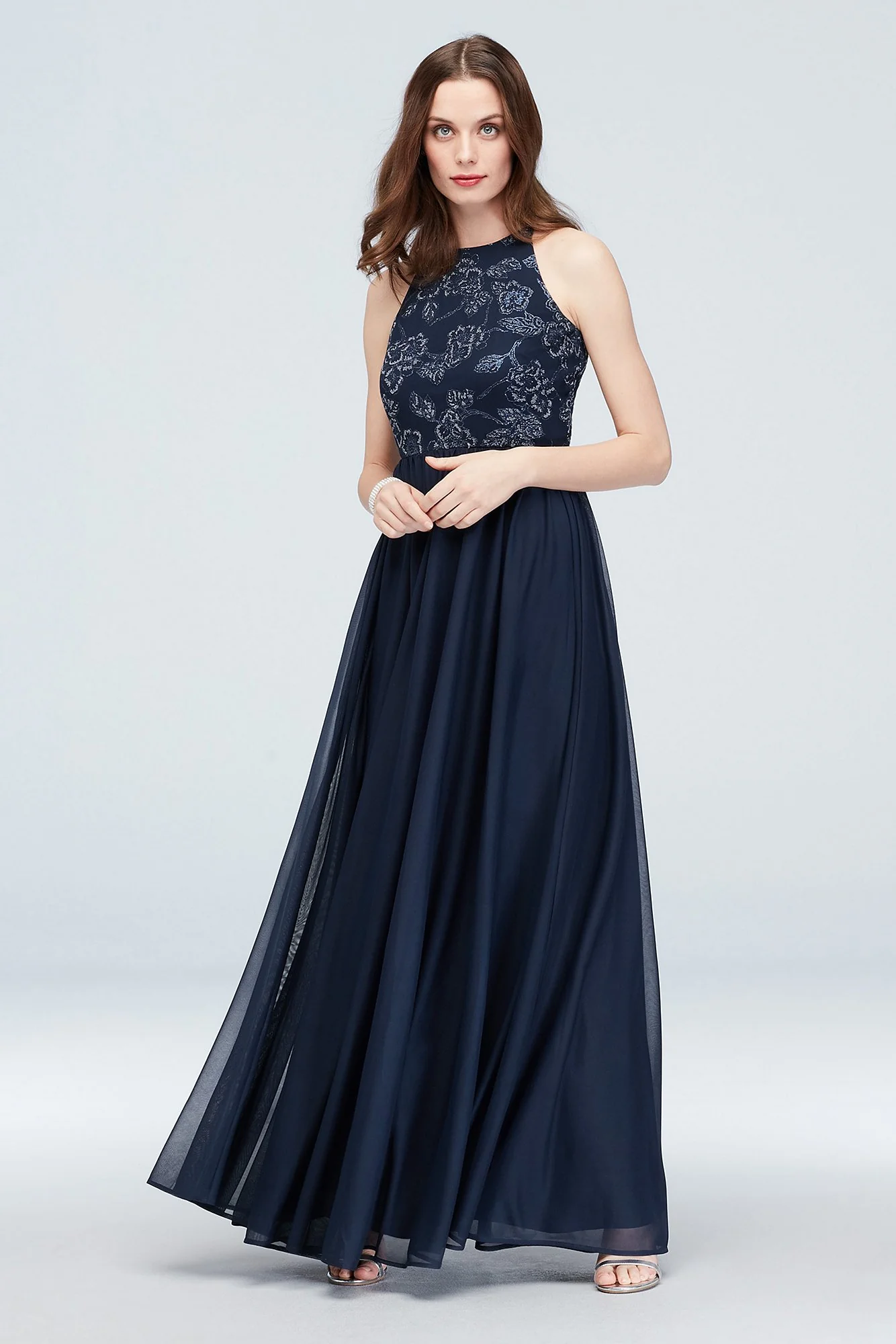 High-Neck Caviar Beaded Floral Chiffon Dress - Image 3