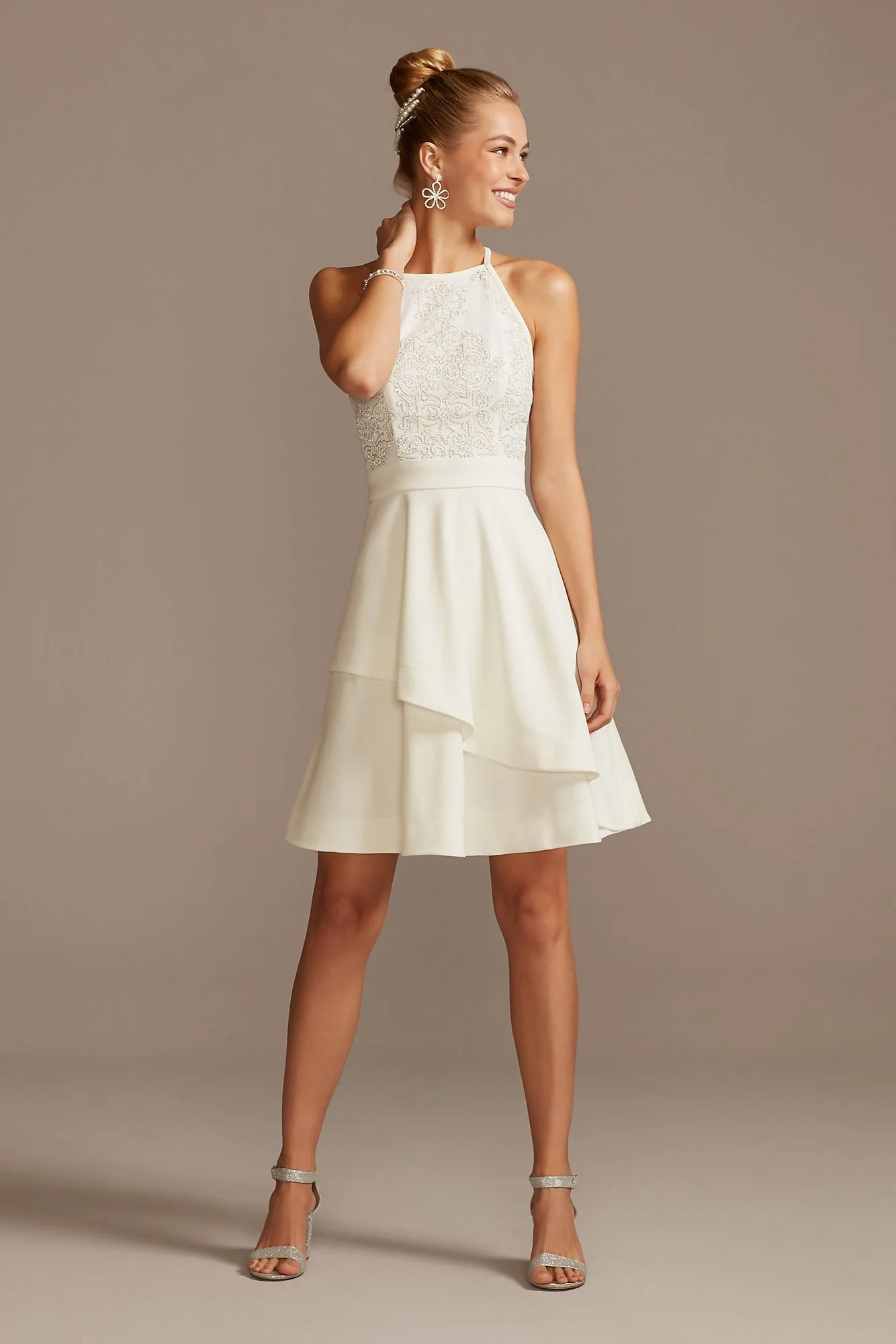 High Neck Caviar Beaded Stretch Mini Dress - Image 2