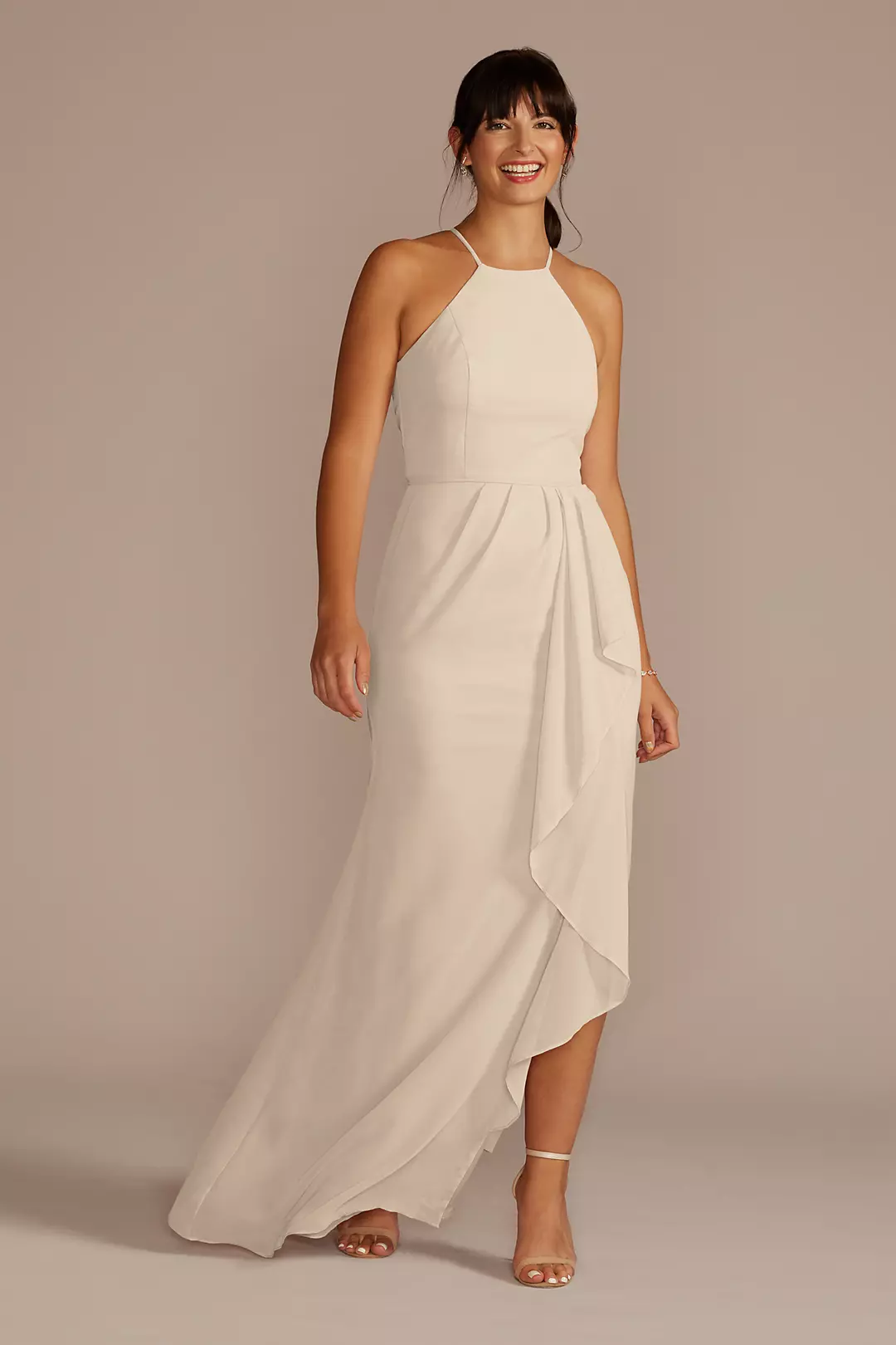 High-Neck Chiffon Dress with Cascade - Image 128