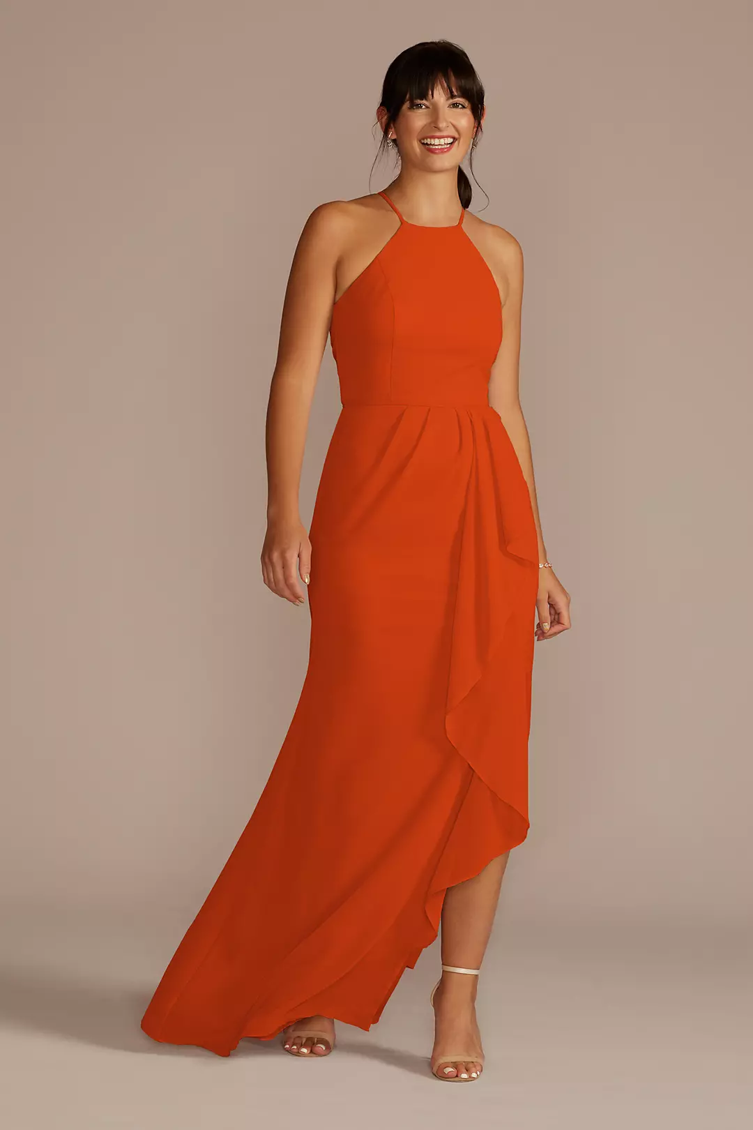 High-Neck Chiffon Dress with Cascade - Image 132