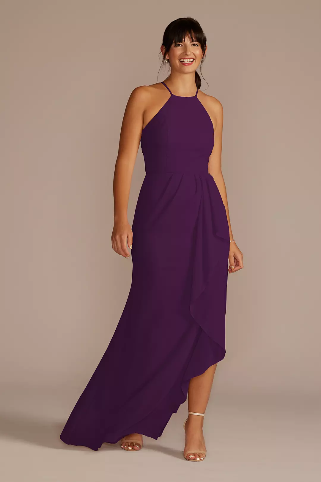 High-Neck Chiffon Dress with Cascade - Image 140