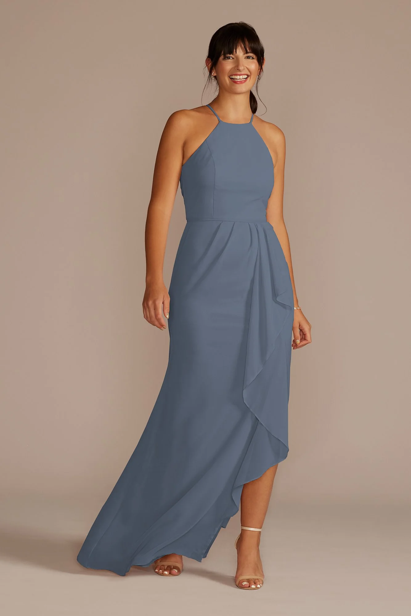 High-Neck Chiffon Dress with Cascade - Image 3