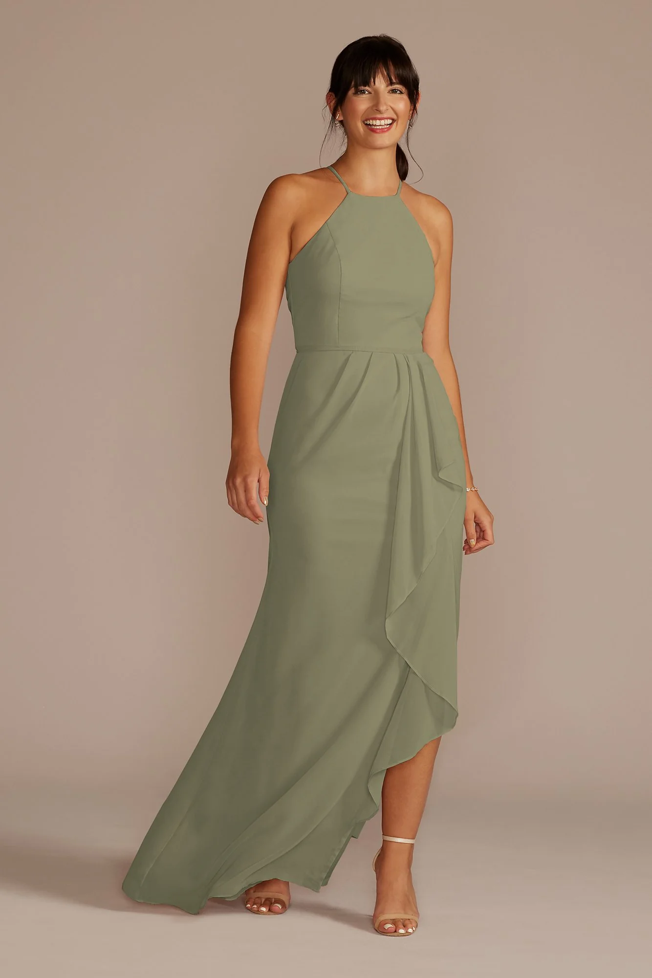 High-Neck Chiffon Dress with Cascade - Image 75