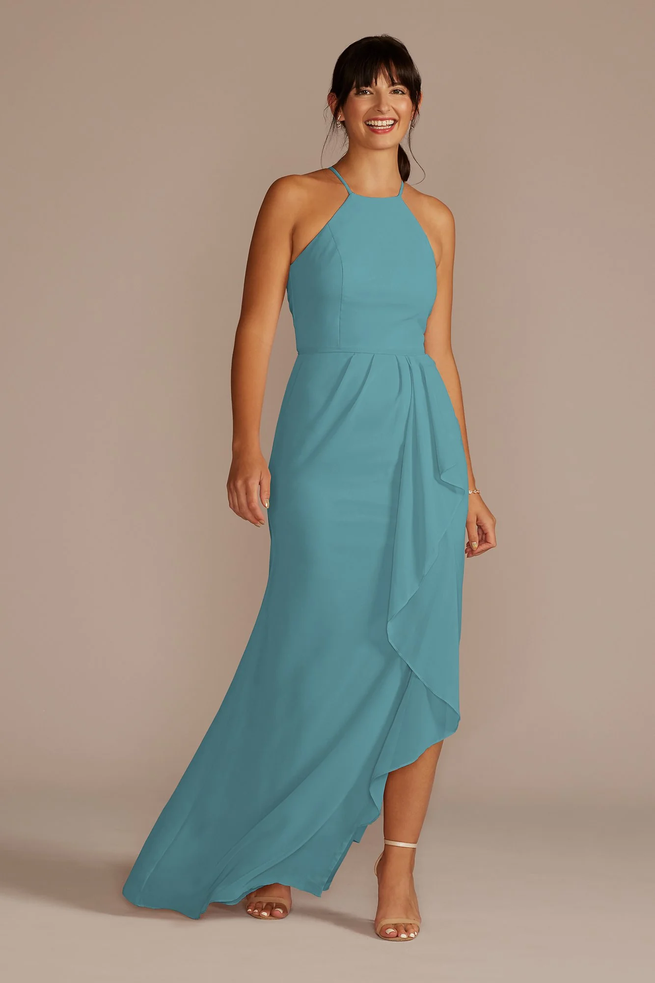 High-Neck Chiffon Dress with Cascade - Image 8