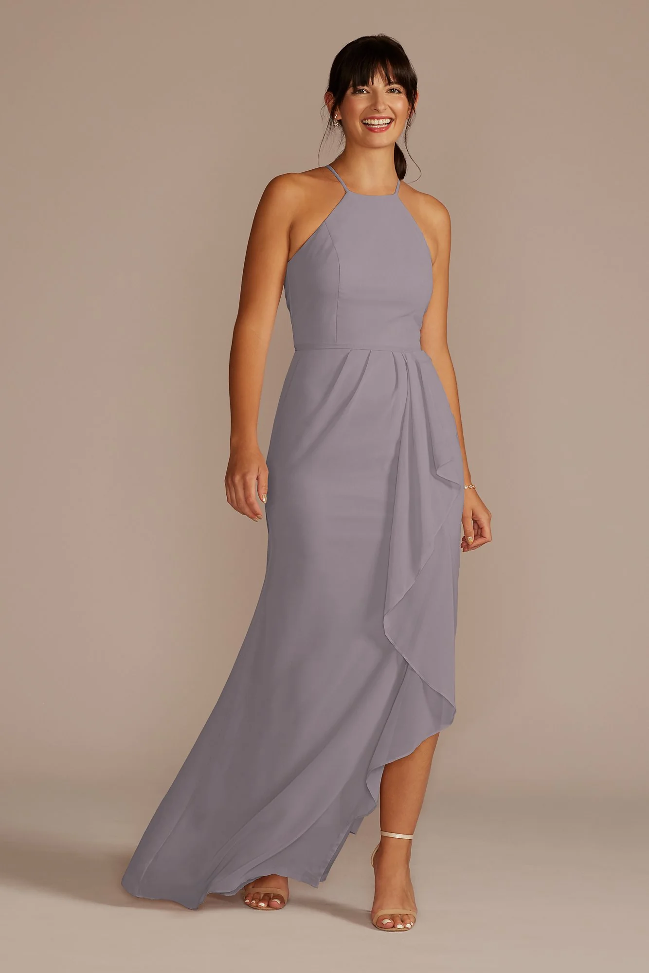High-Neck Chiffon Dress with Cascade - Image 89