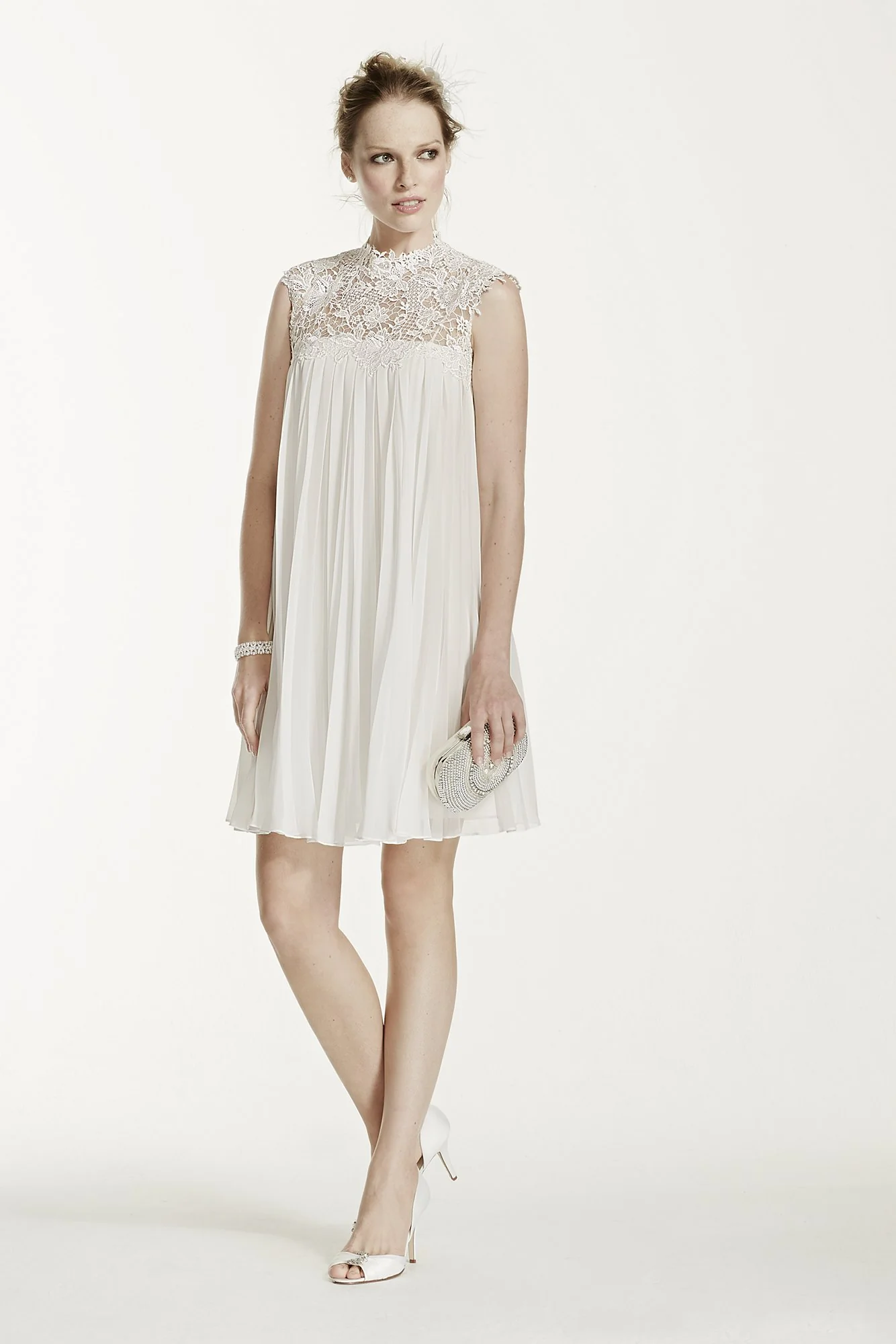 High Neck Chiffon Short Dress with Pleated Skirt - Image 2