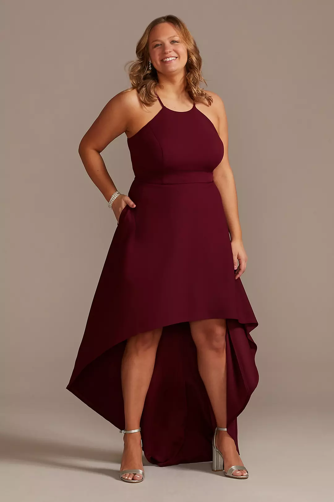 High Neck Crepe Plus-Size Dress with High-Low Hem - Image 2