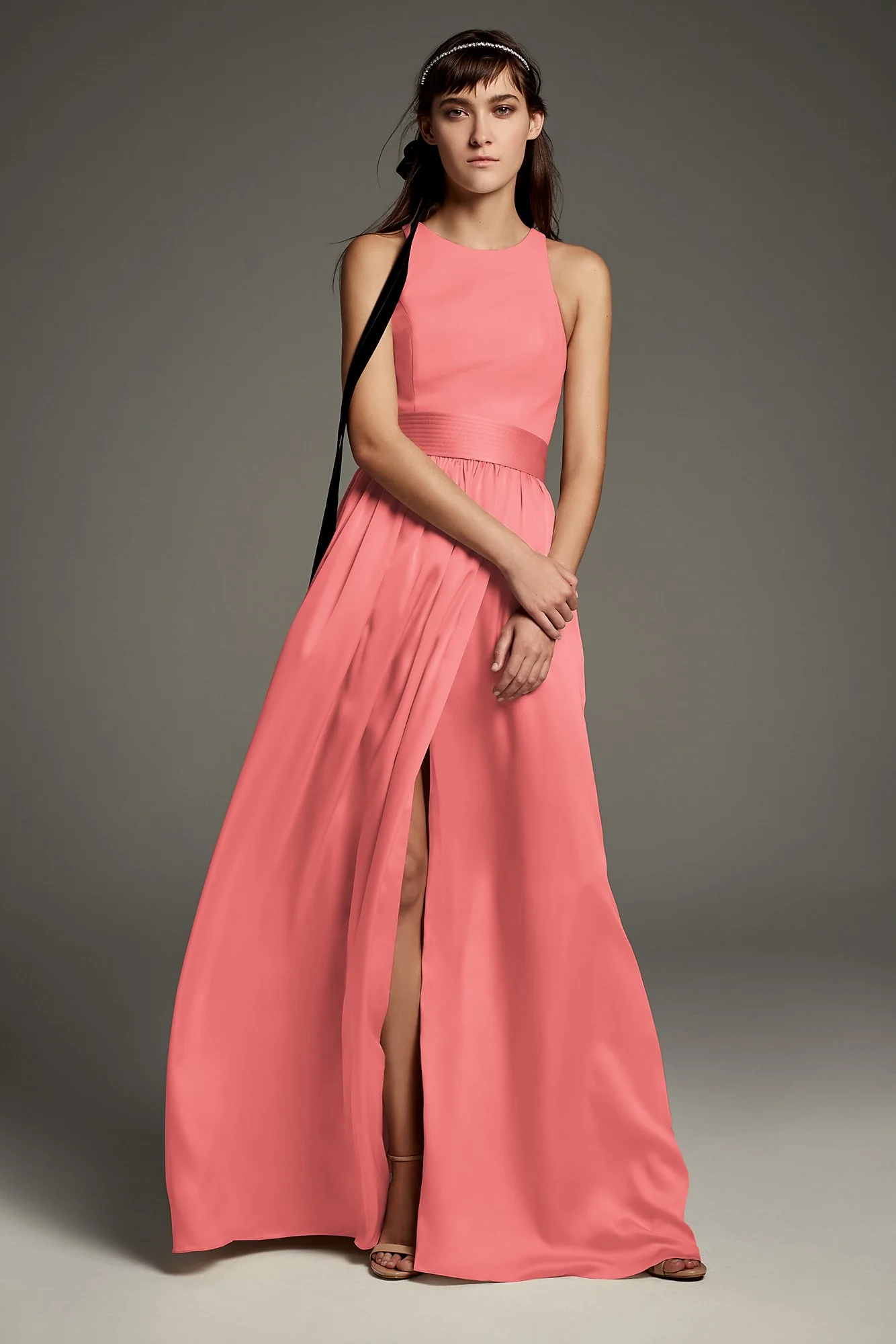 High-Neck Crepe Halter Bridesmaid Gown with Sash - Image 10