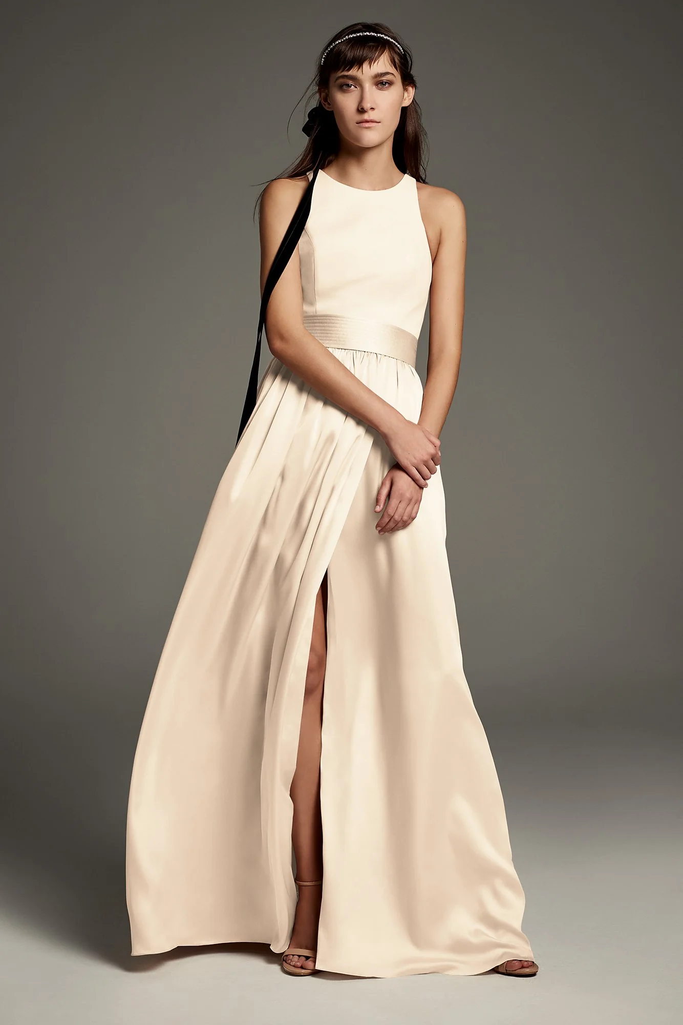 High-Neck Crepe Halter Bridesmaid Gown with Sash - Image 11