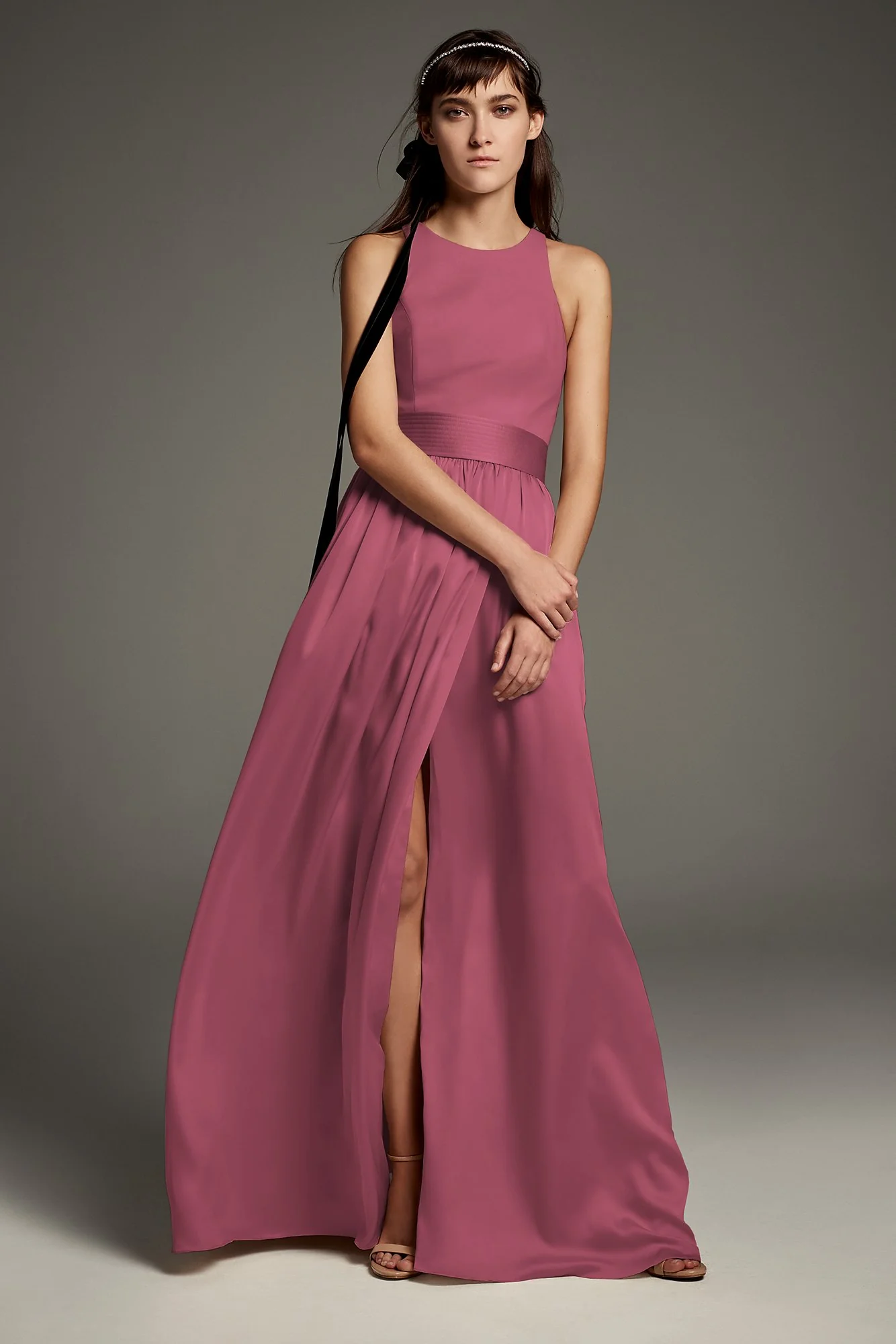 High-Neck Crepe Halter Bridesmaid Gown with Sash - Image 12