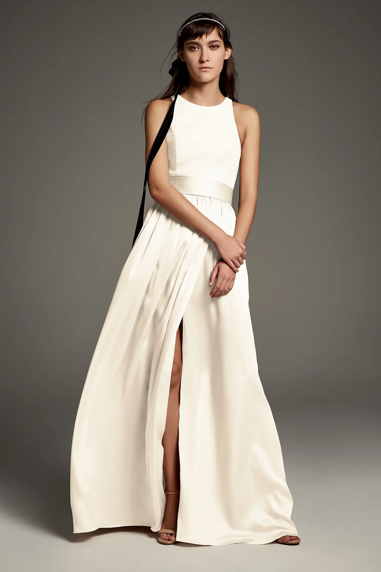 High-Neck Crepe Halter Bridesmaid Gown with Sash - Image 13