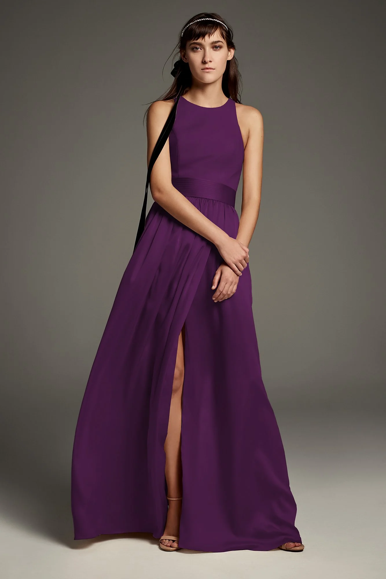 High-Neck Crepe Halter Bridesmaid Gown with Sash - Image 14