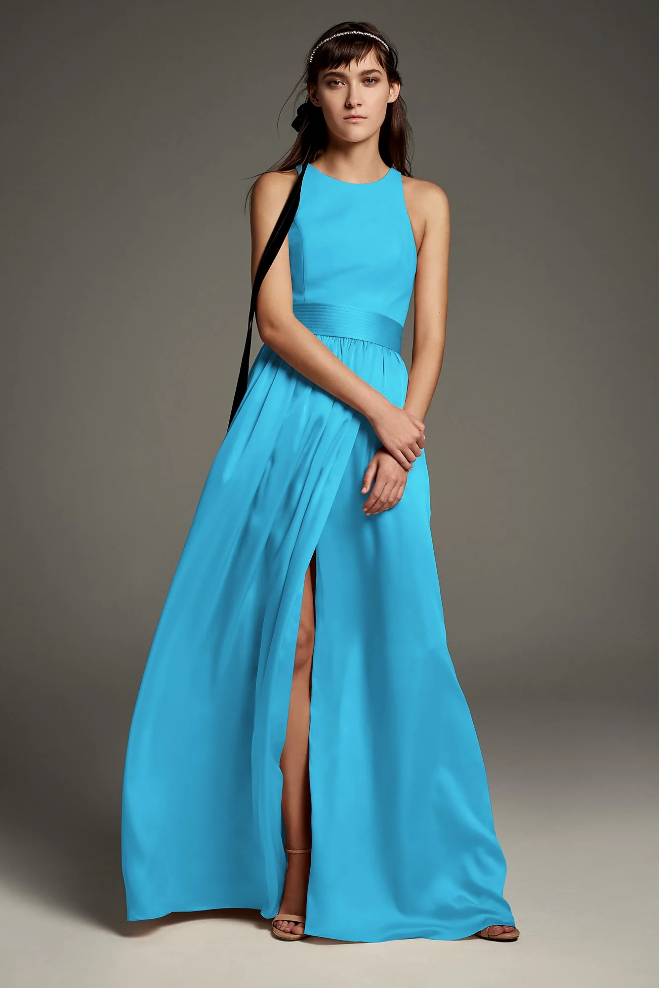High-Neck Crepe Halter Bridesmaid Gown with Sash - Image 16