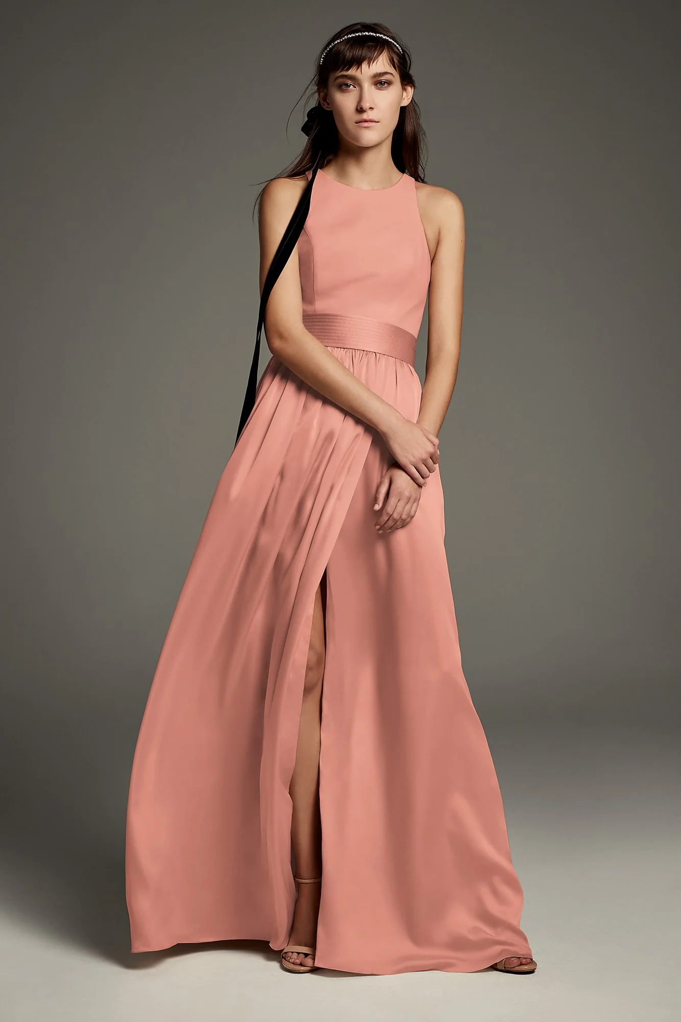 High-Neck Crepe Halter Bridesmaid Gown with Sash - Image 17