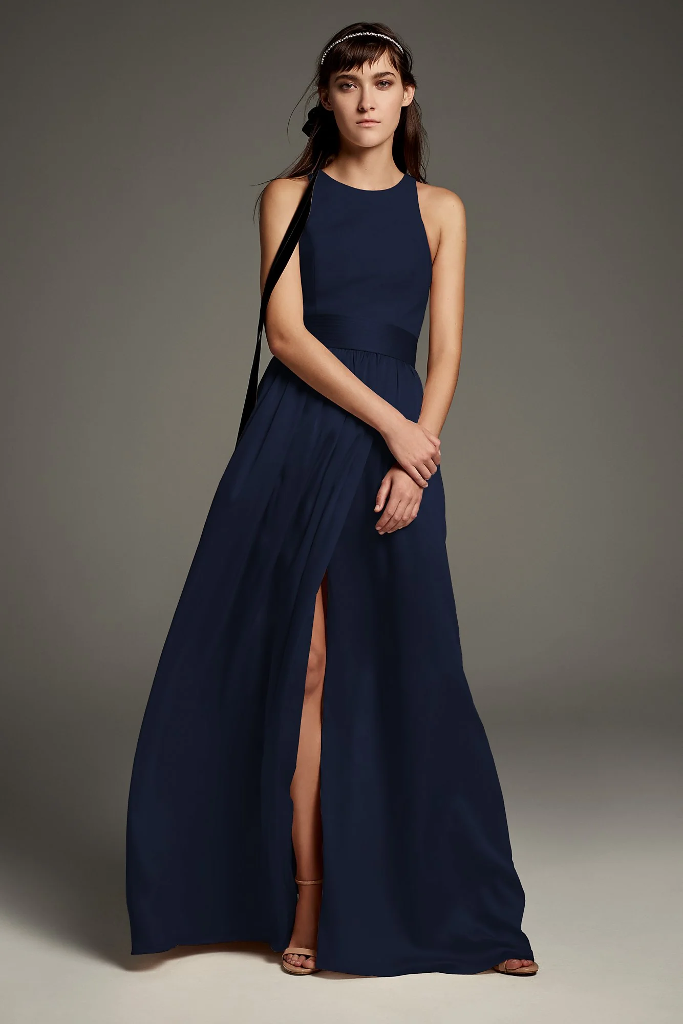 High-Neck Crepe Halter Bridesmaid Gown with Sash - Image 18