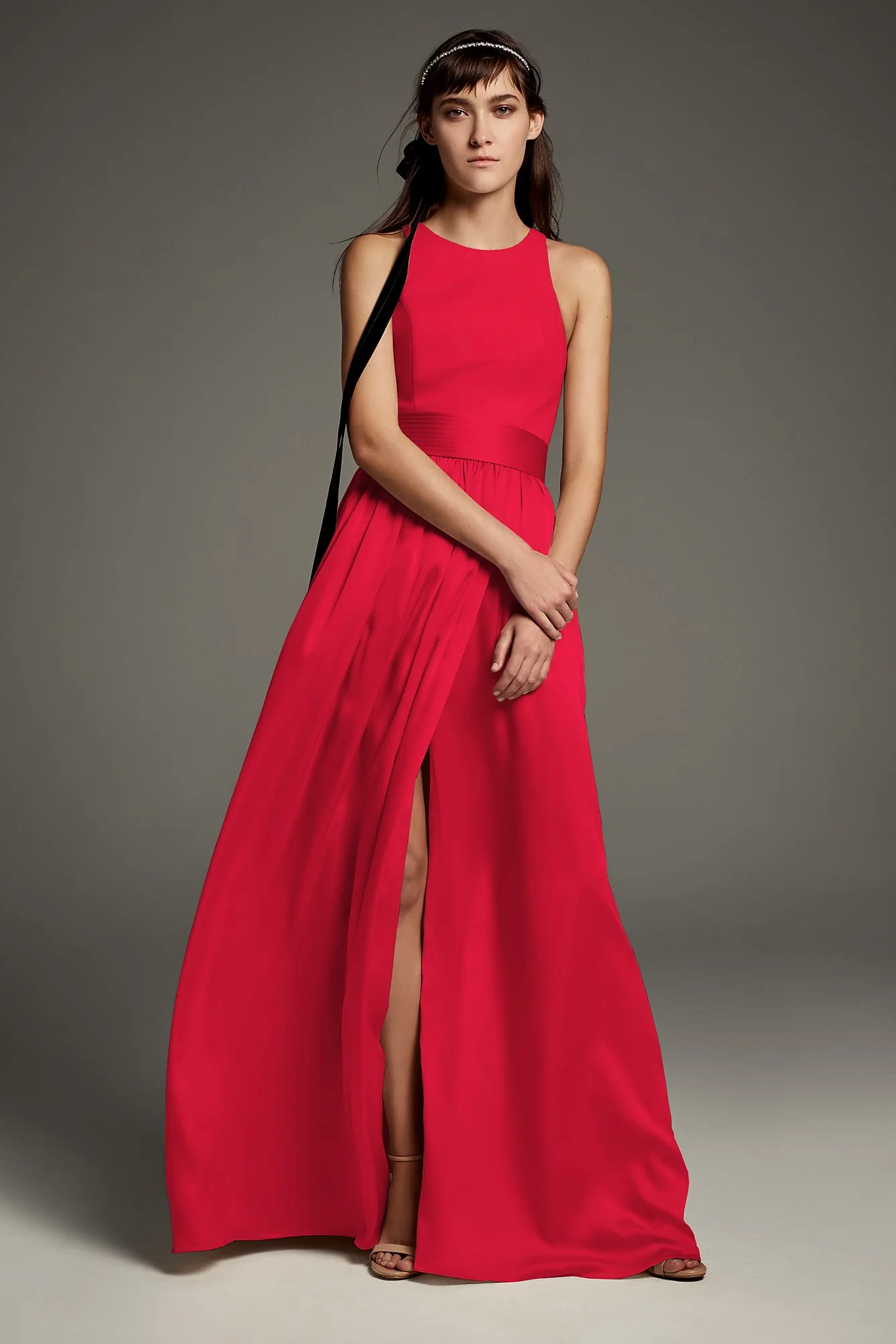 High-Neck Crepe Halter Bridesmaid Gown with Sash - Image 19