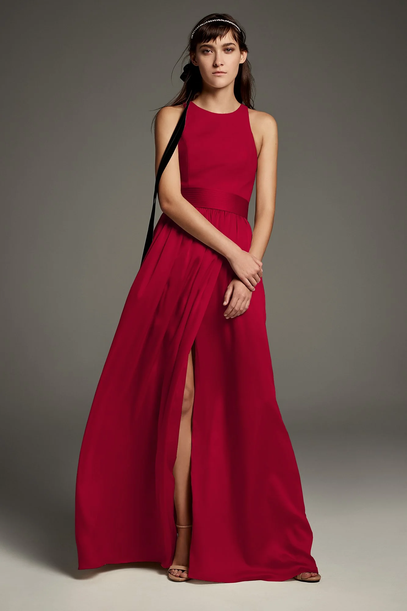 High-Neck Crepe Halter Bridesmaid Gown with Sash - Image 2