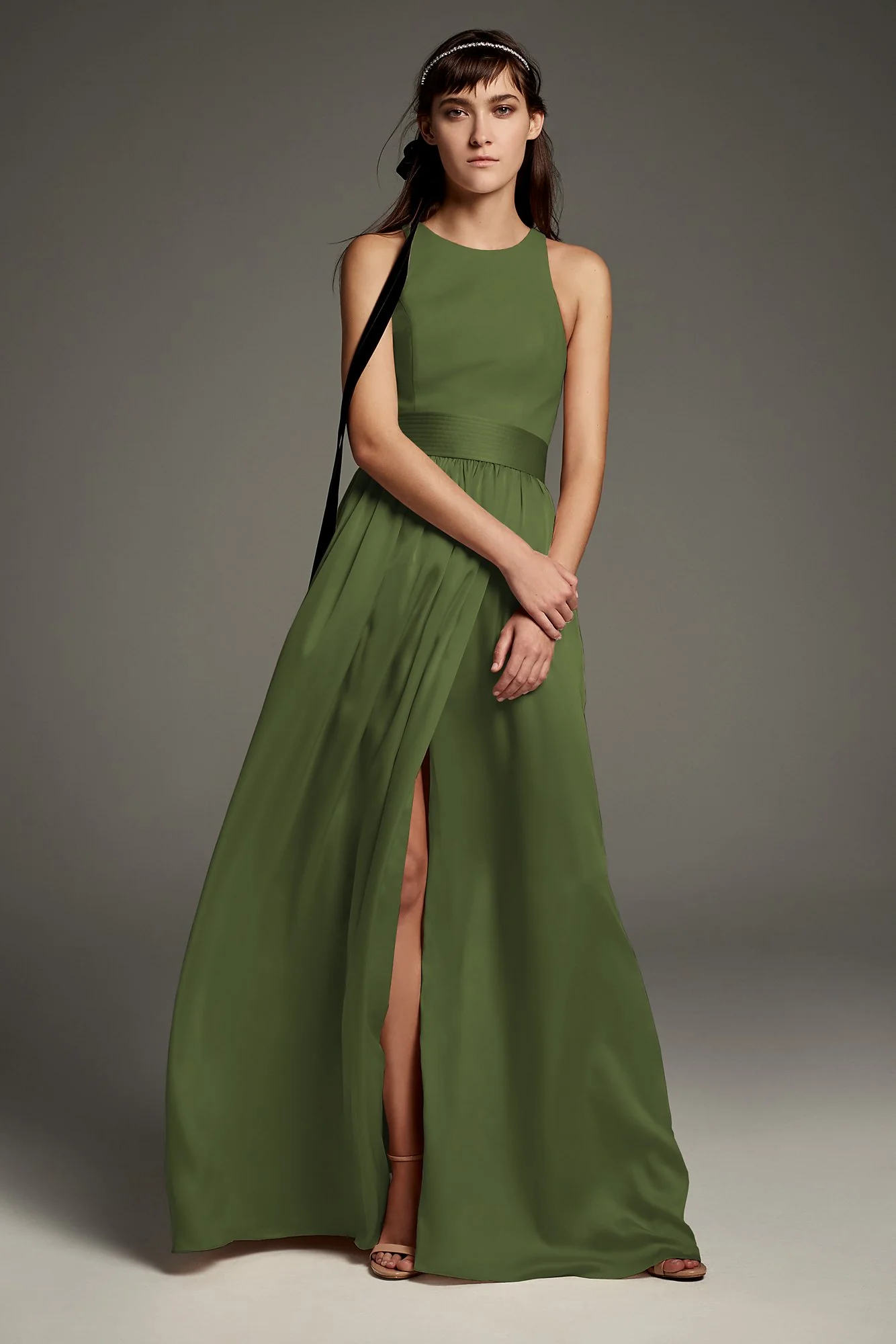 High-Neck Crepe Halter Bridesmaid Gown with Sash - Image 22