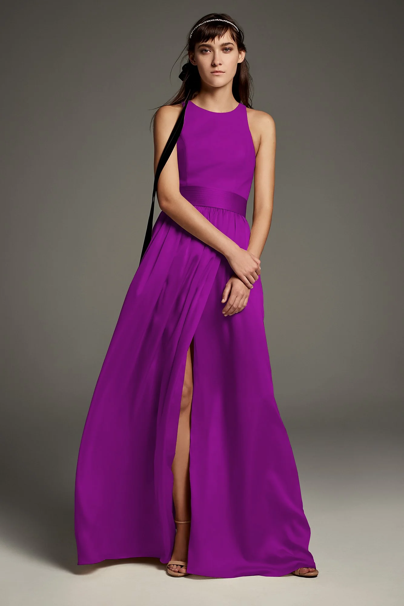 High-Neck Crepe Halter Bridesmaid Gown with Sash - Image 23