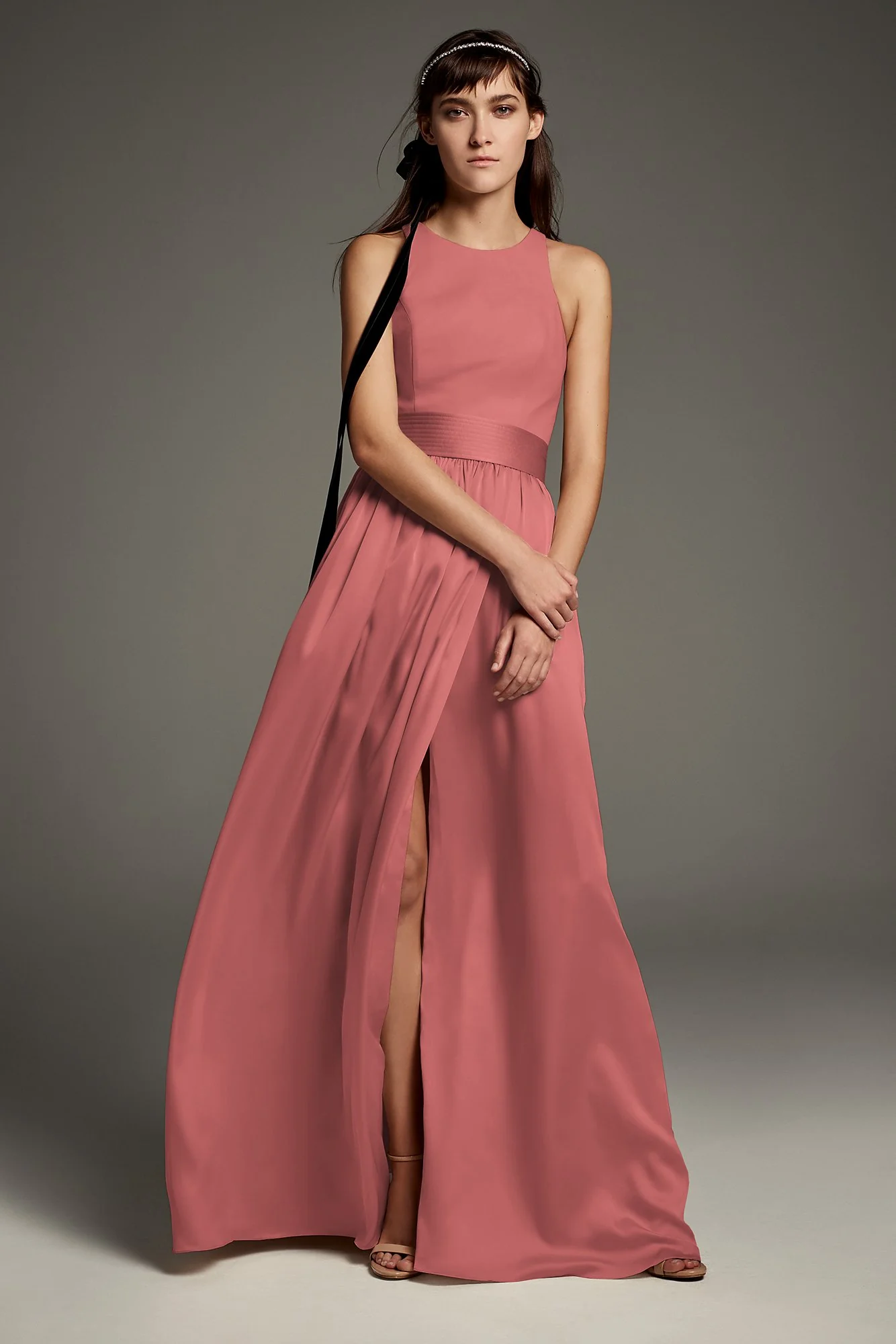 High-Neck Crepe Halter Bridesmaid Gown with Sash - Image 24
