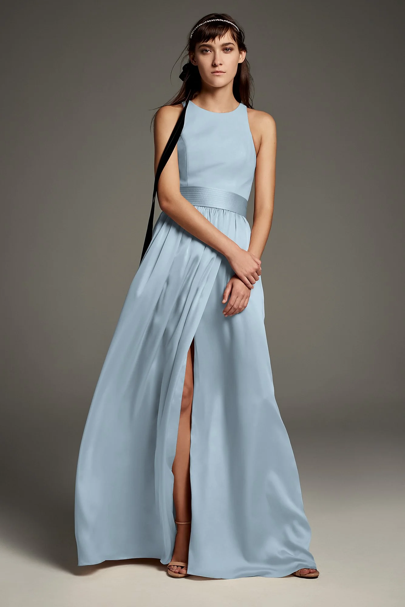 High-Neck Crepe Halter Bridesmaid Gown with Sash - Image 25