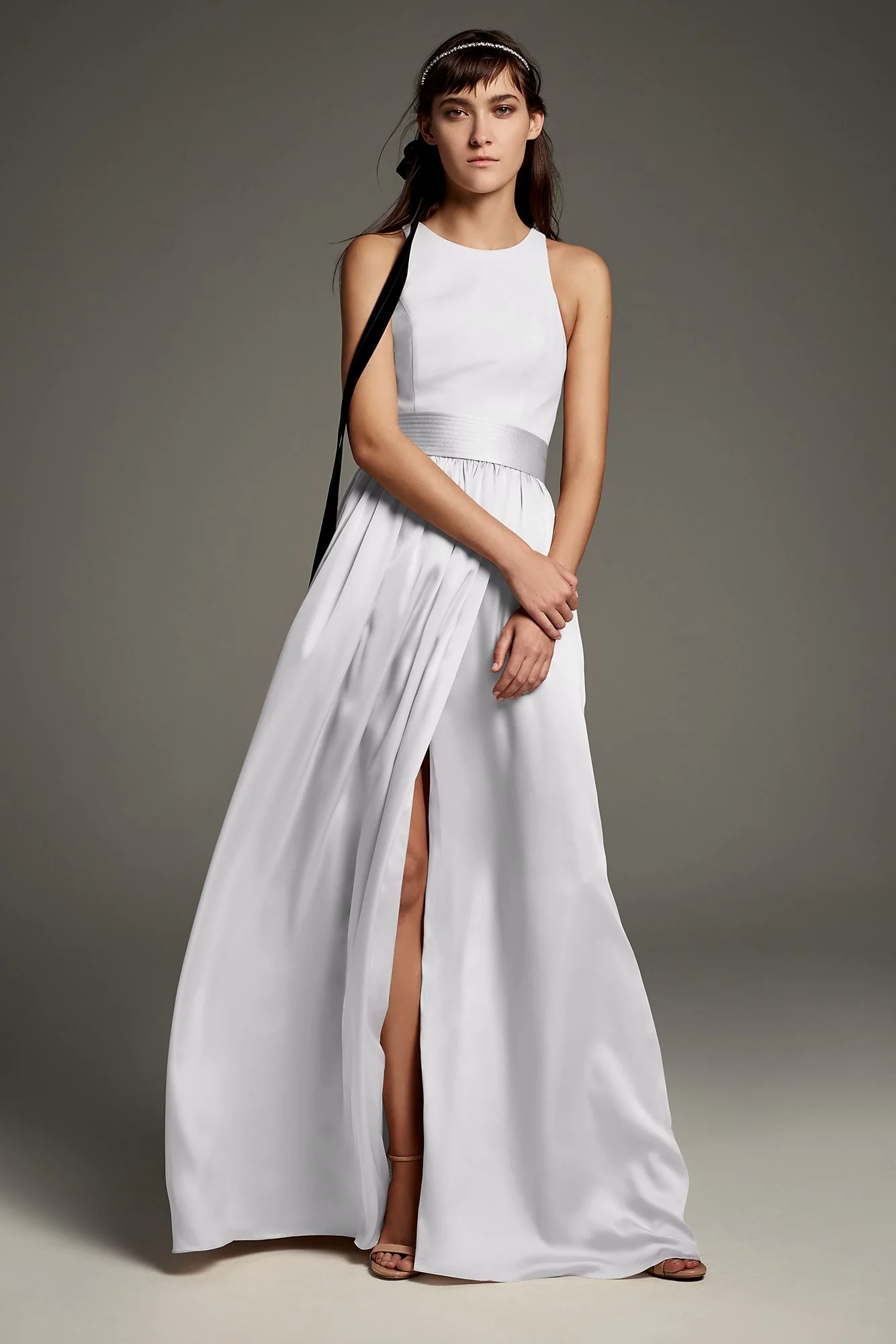 High-Neck Crepe Halter Bridesmaid Gown with Sash - Image 26