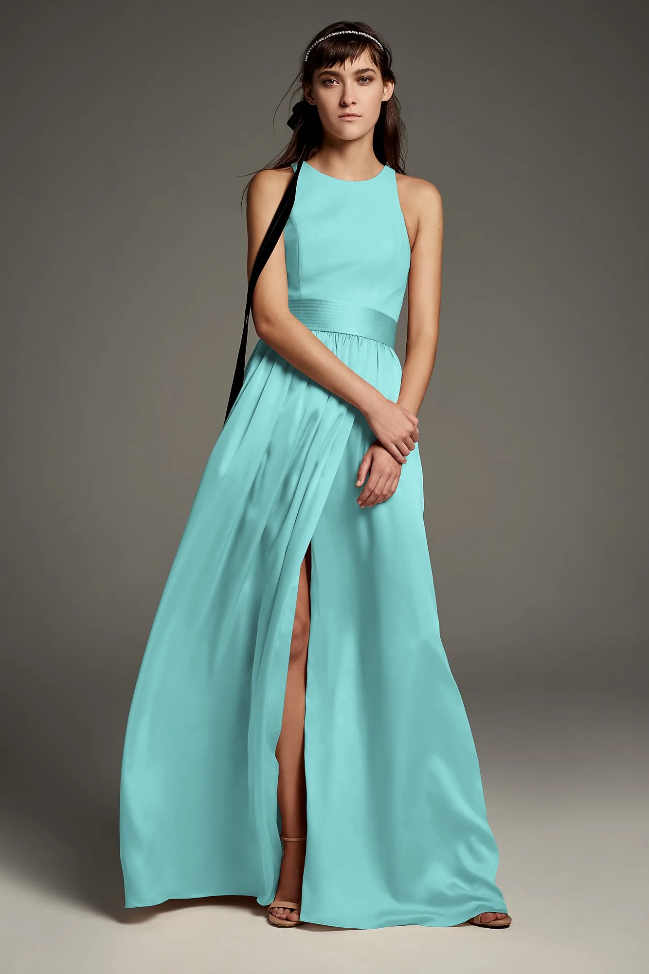 High-Neck Crepe Halter Bridesmaid Gown with Sash - Image 27