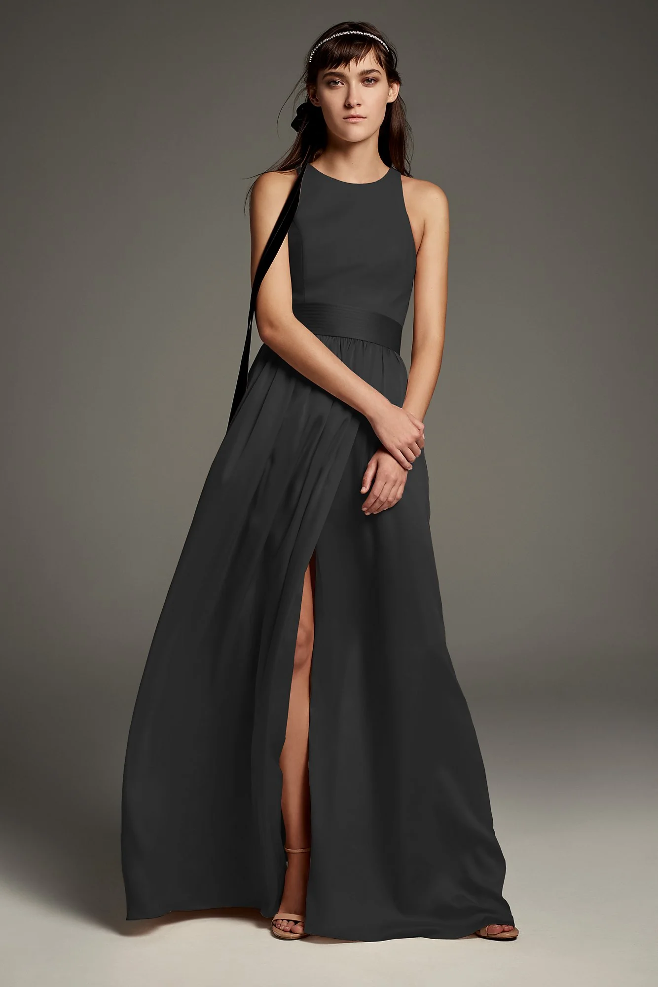 High-Neck Crepe Halter Bridesmaid Gown with Sash - Image 28