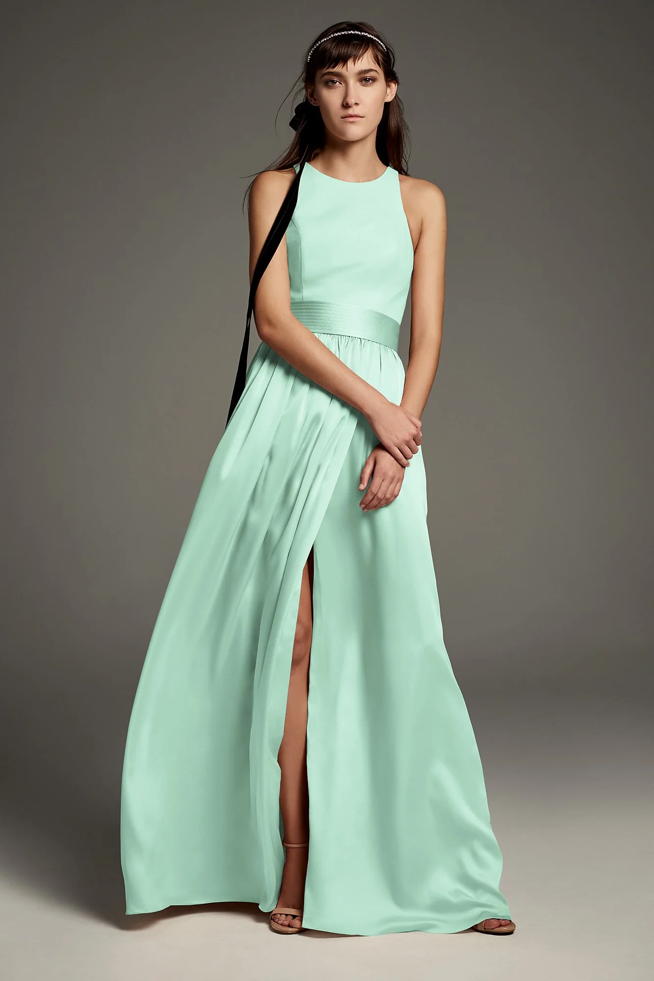 High-Neck Crepe Halter Bridesmaid Gown with Sash - Image 3