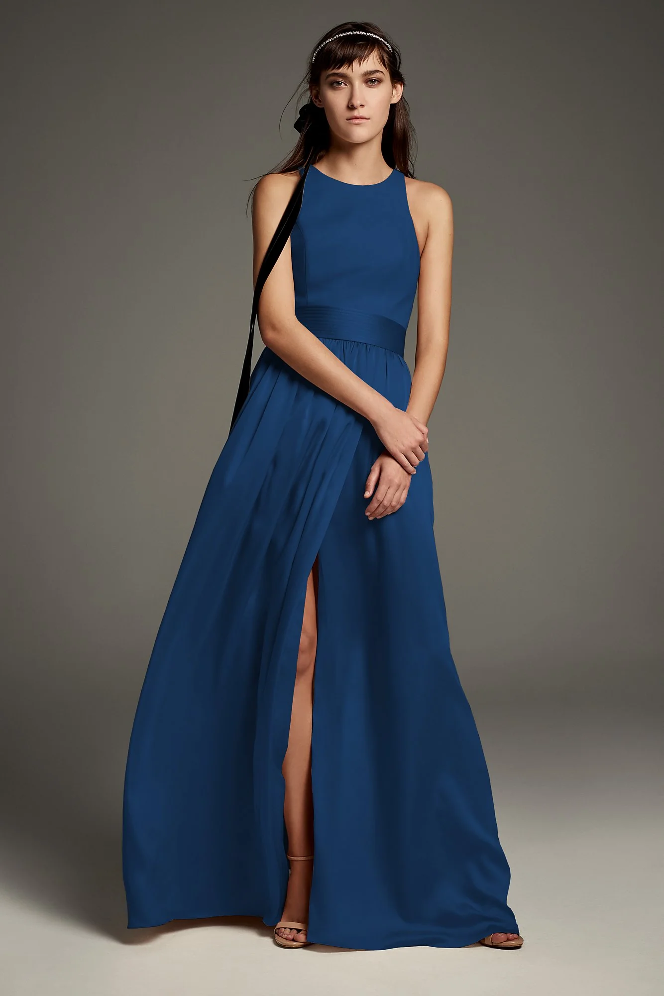 High-Neck Crepe Halter Bridesmaid Gown with Sash - Image 31