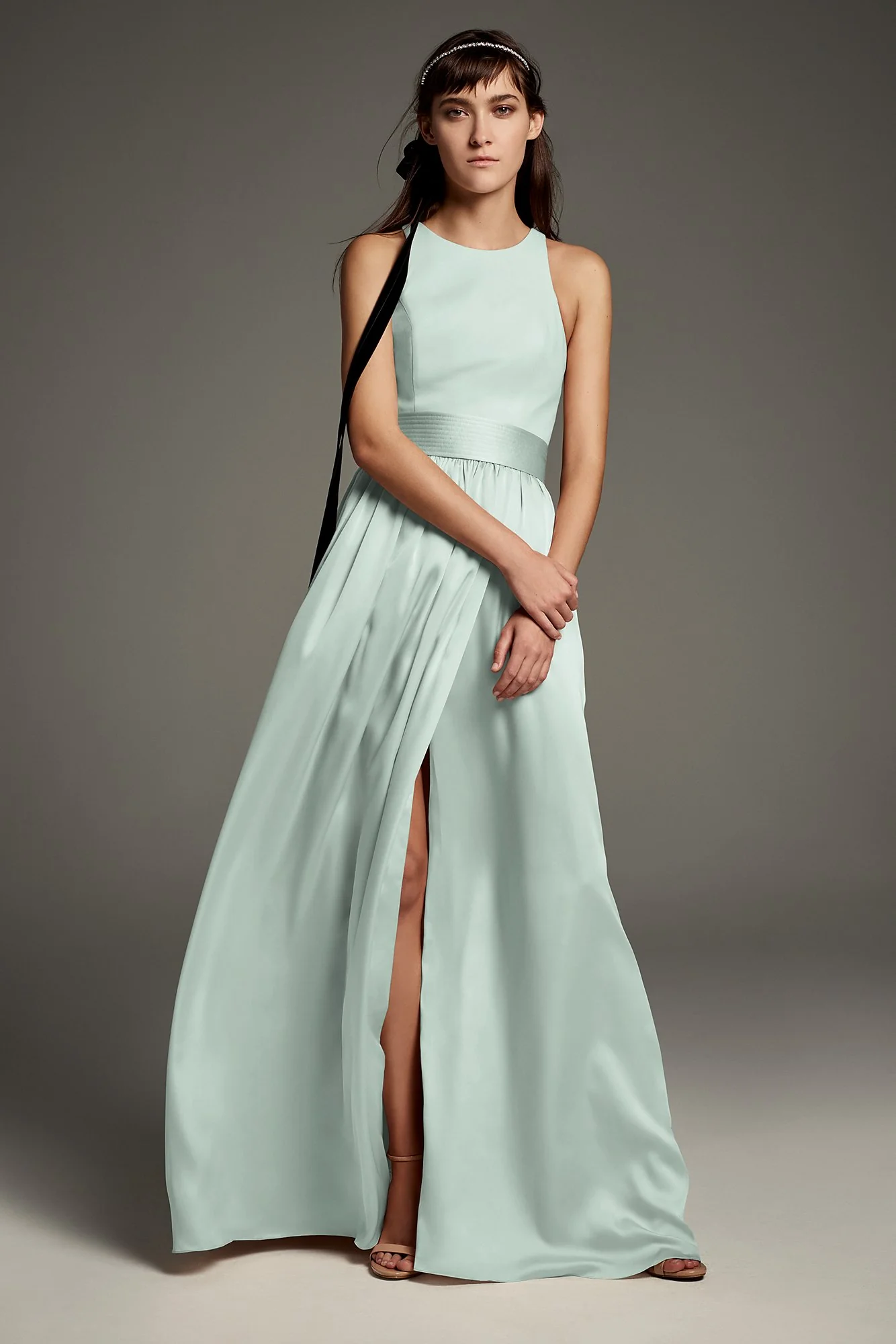 High-Neck Crepe Halter Bridesmaid Gown with Sash - Image 34