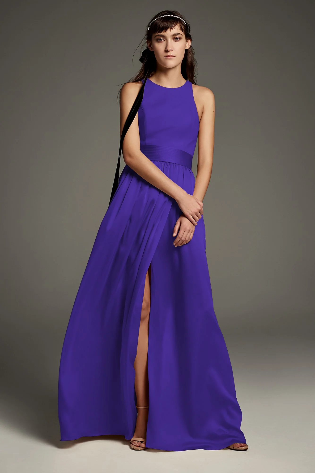 High-Neck Crepe Halter Bridesmaid Gown with Sash - Image 35