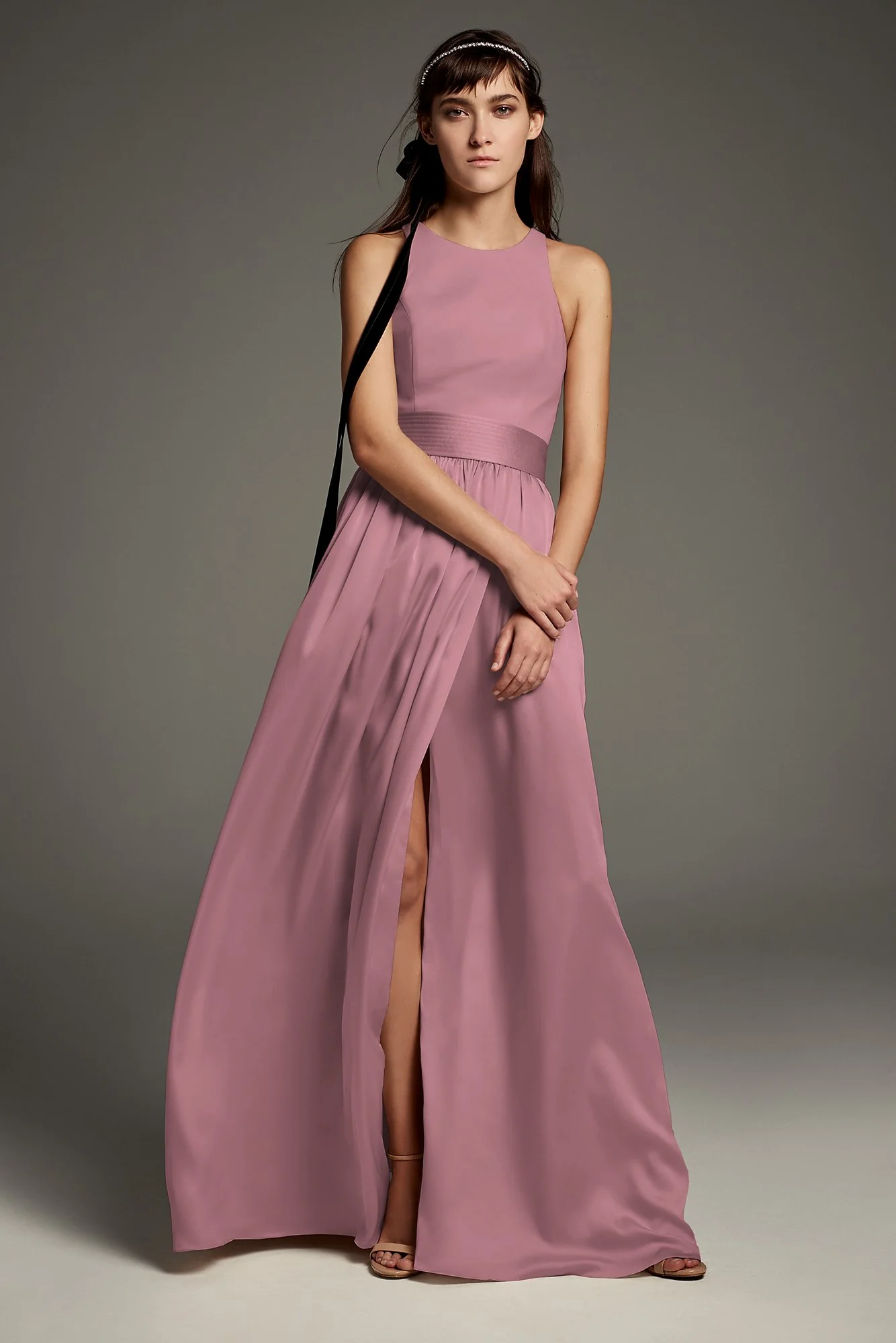 High-Neck Crepe Halter Bridesmaid Gown with Sash - Image 42