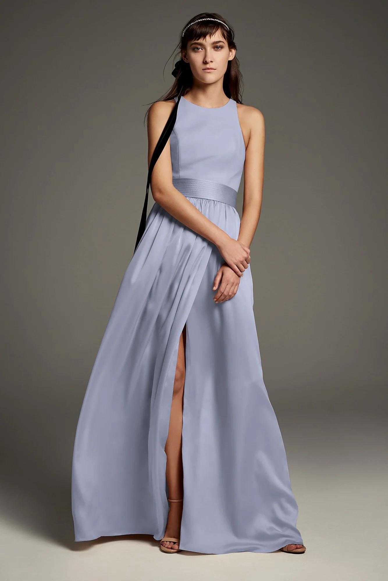 High-Neck Crepe Halter Bridesmaid Gown with Sash - Image 44