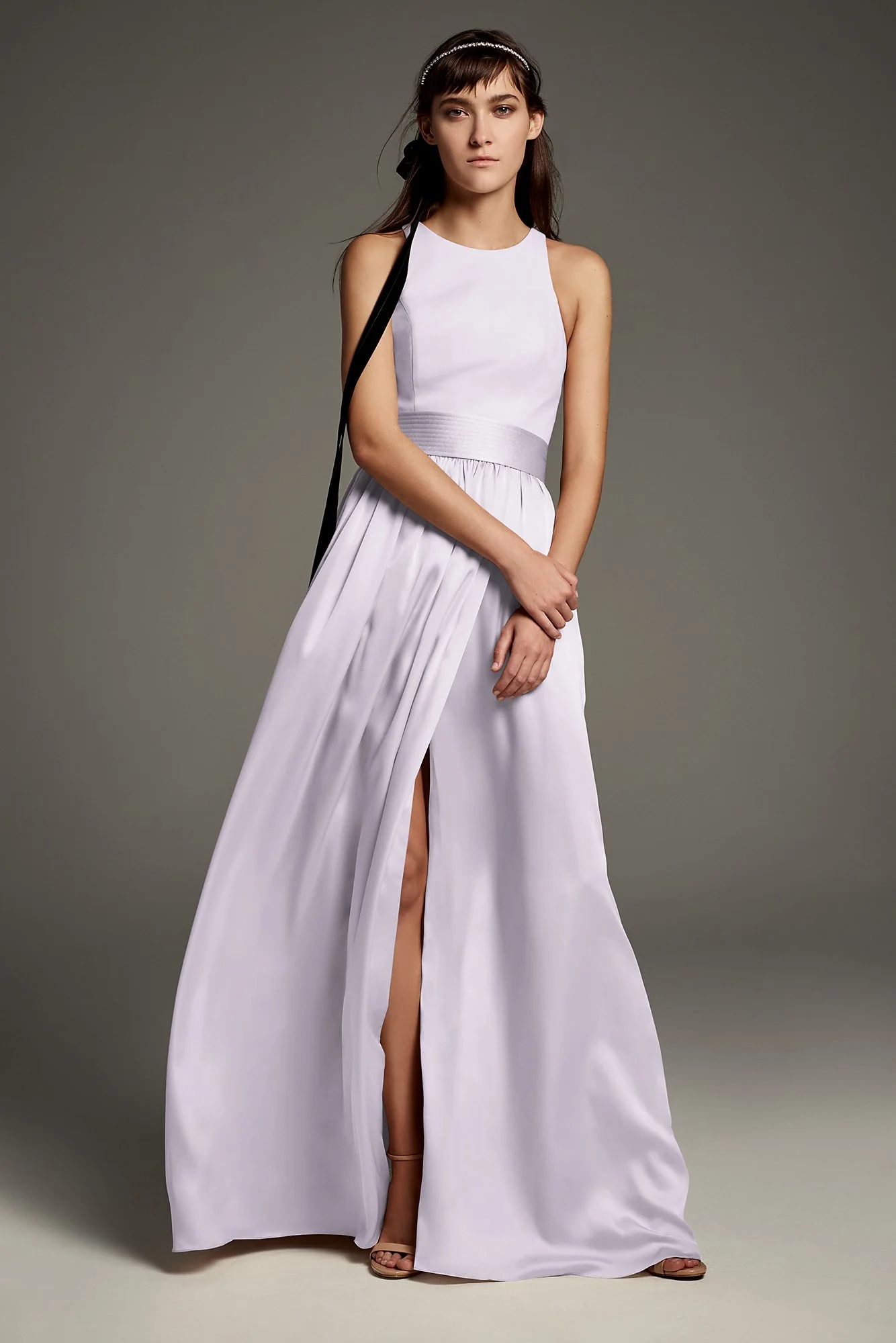 High-Neck Crepe Halter Bridesmaid Gown with Sash - Image 5
