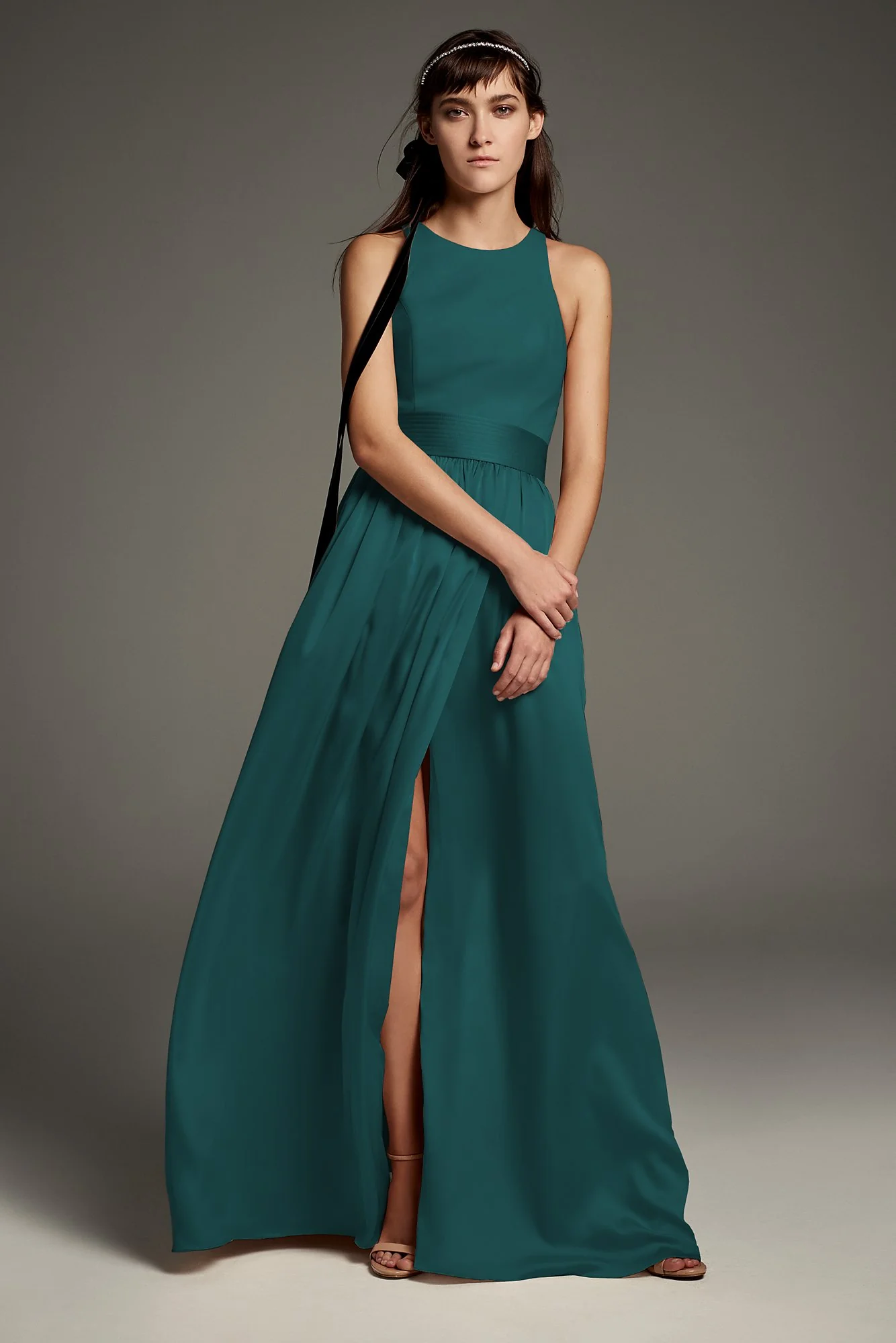 High-Neck Crepe Halter Bridesmaid Gown with Sash - Image 7