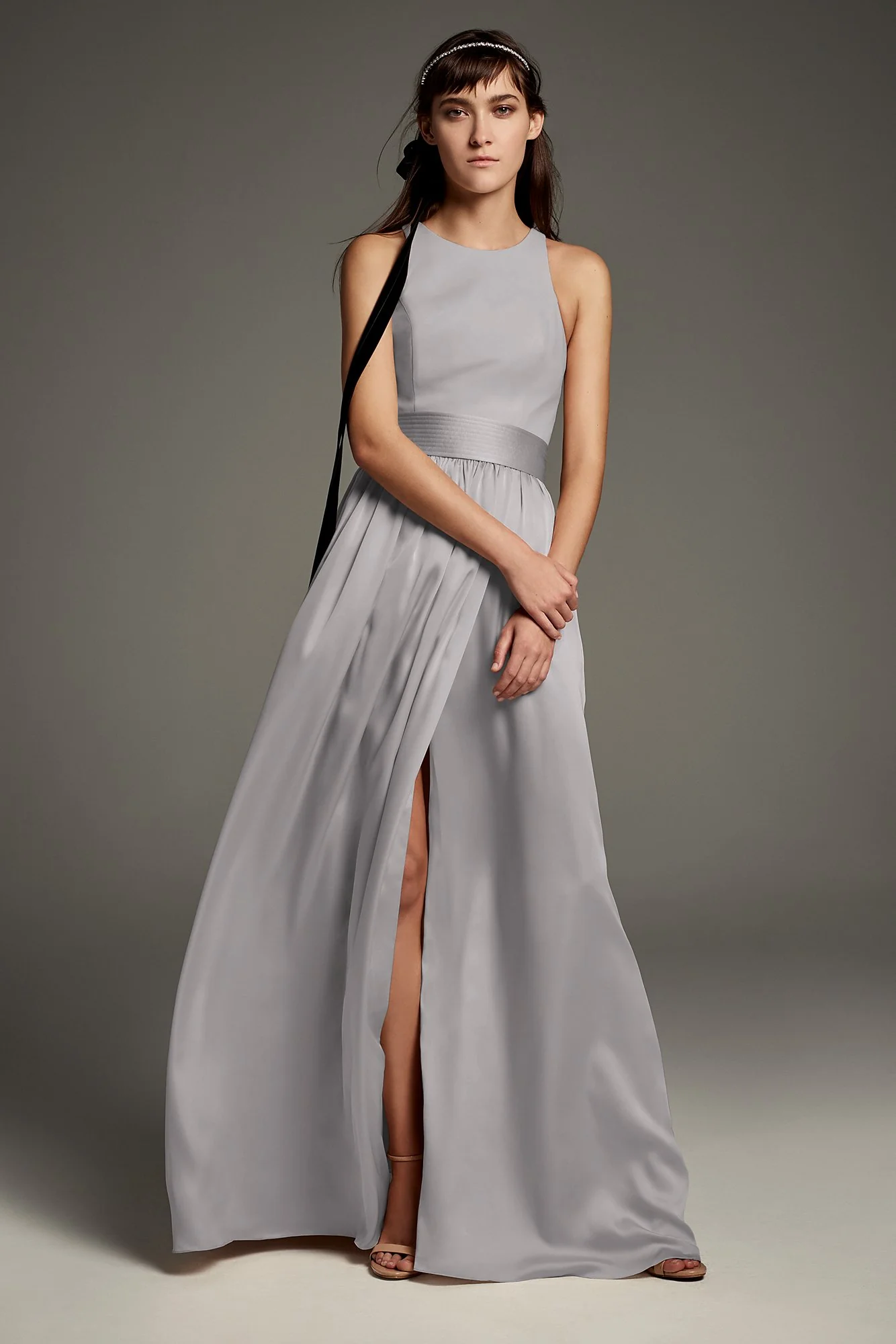 High-Neck Crepe Halter Bridesmaid Gown with Sash - Image 9