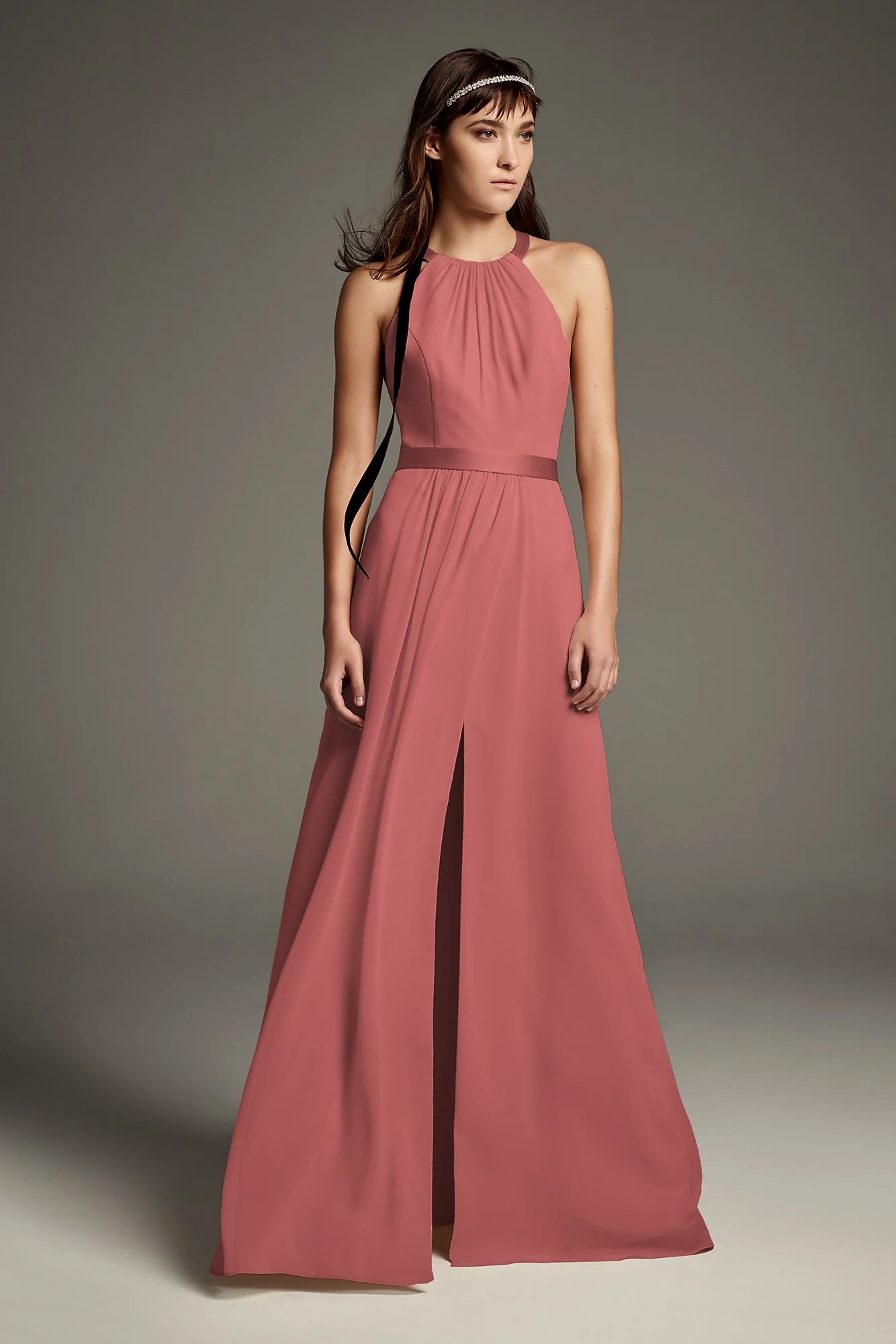 High Neck Crisscross Back Chiffon Bridesmaid Dress - Image 4