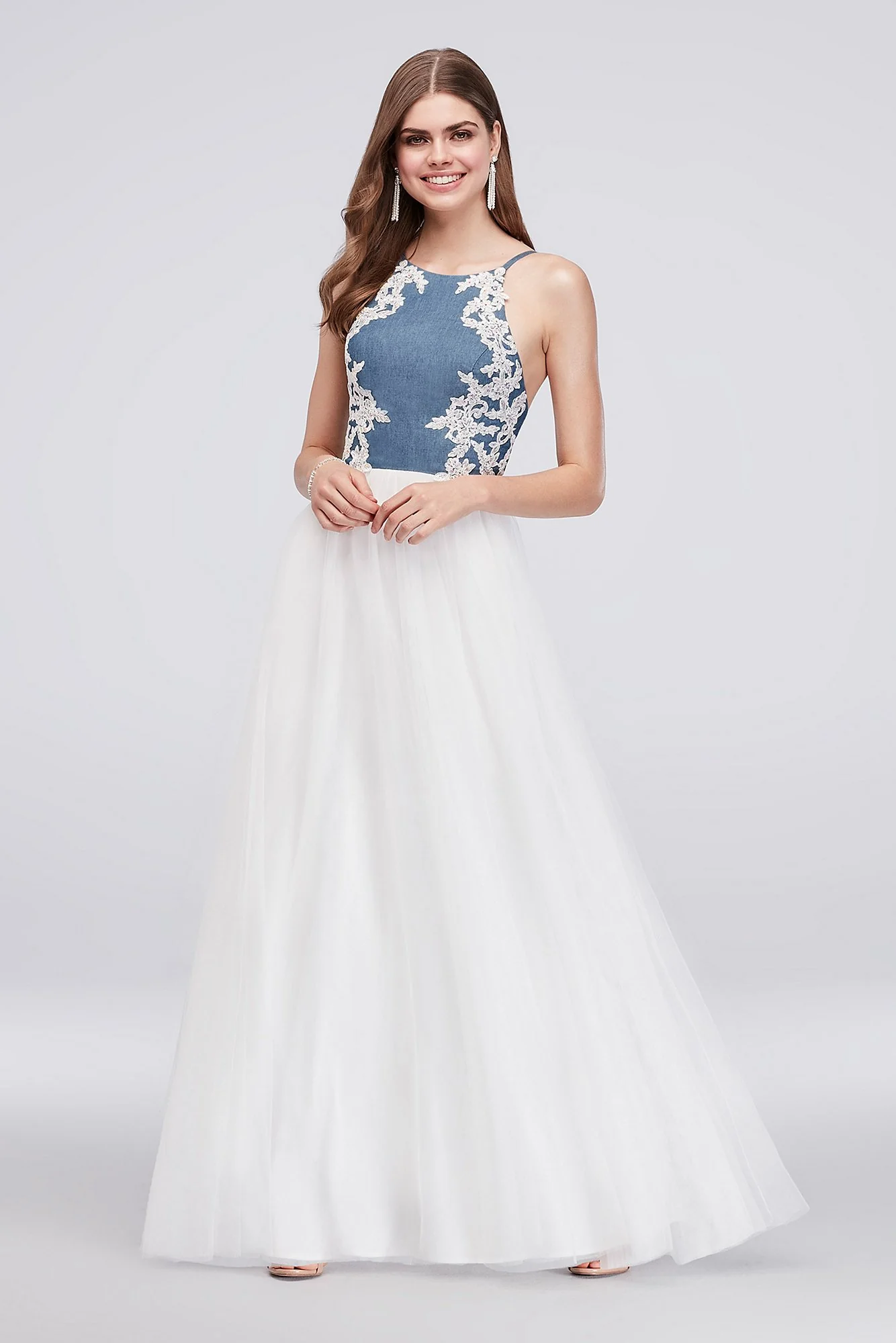 High-Neck Embroidered Denim and Mesh Ball Gown - Image 2