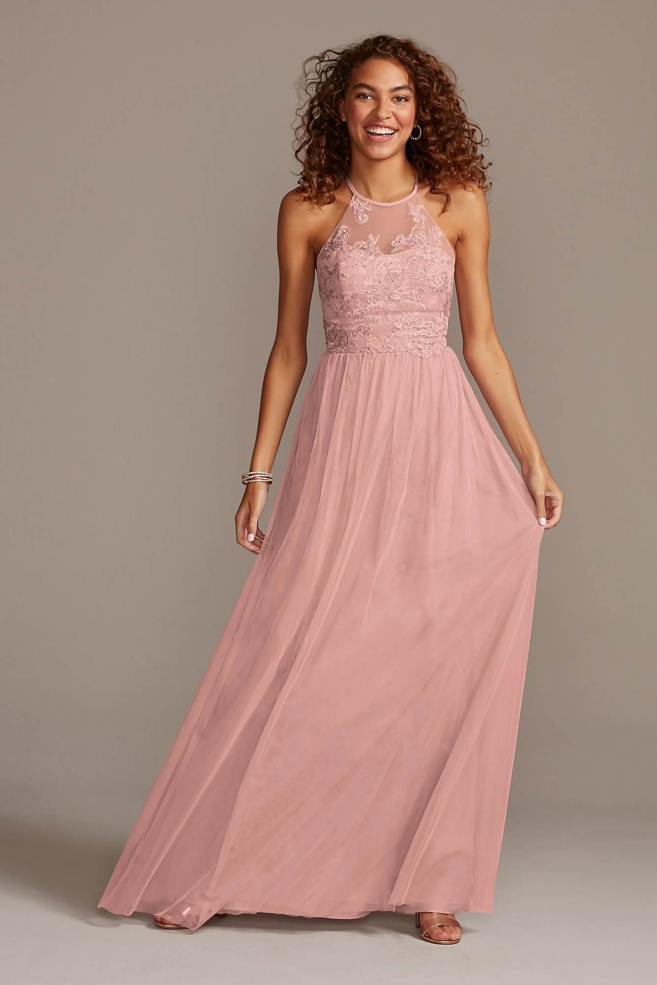 High-Neck Embroidered Soft Net Bridesmaid Dress - Image 19
