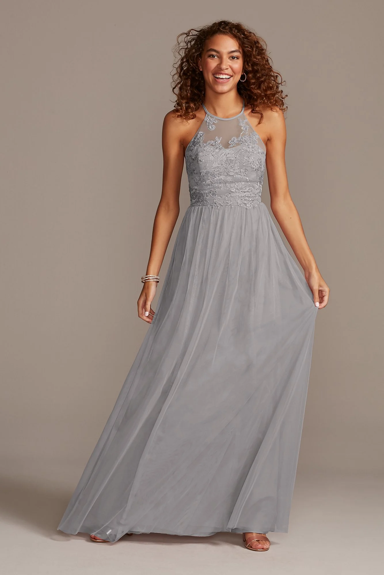 High-Neck Embroidered Soft Net Bridesmaid Dress - Image 2