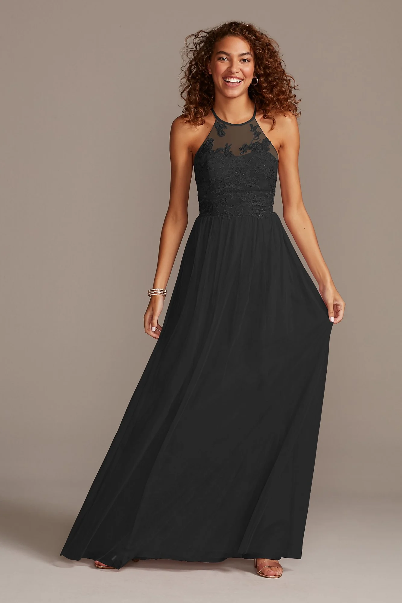 High-Neck Embroidered Soft Net Bridesmaid Dress - Image 21
