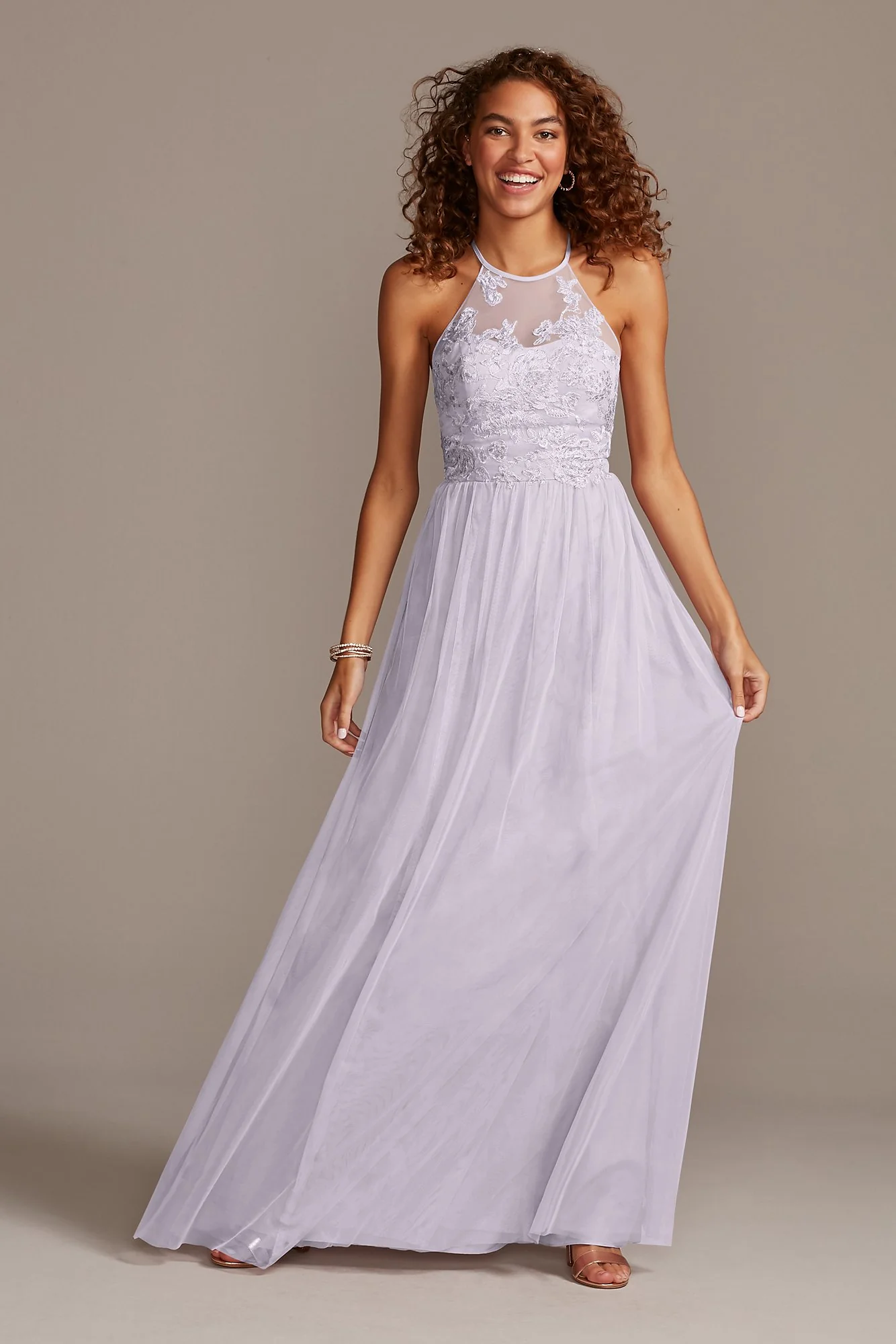 High-Neck Embroidered Soft Net Bridesmaid Dress - Image 27