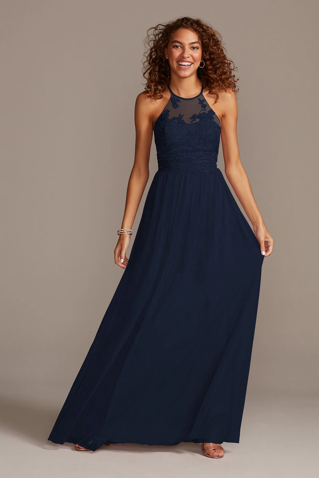 High-Neck Embroidered Soft Net Bridesmaid Dress - Image 6