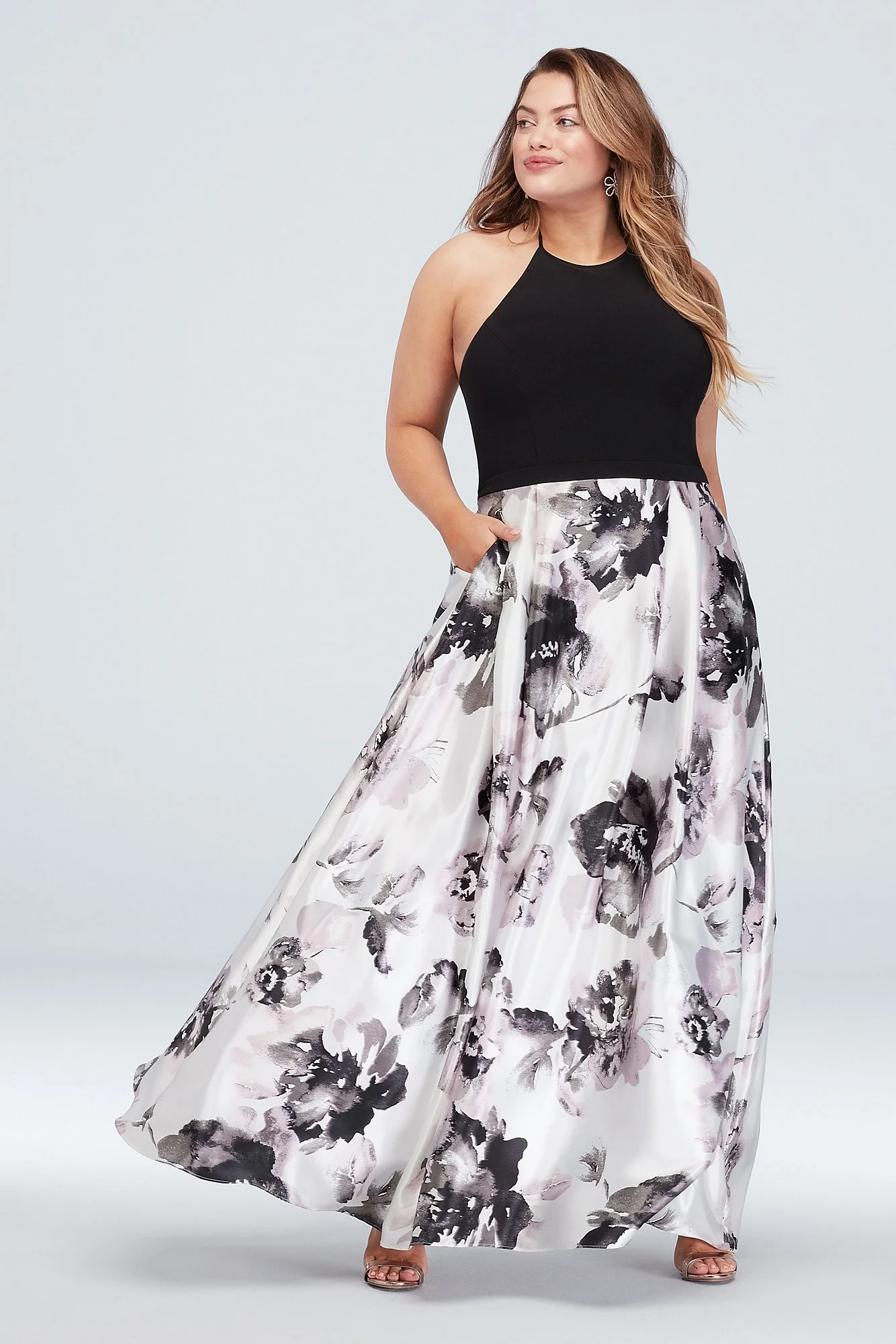 High-Neck Floral Ball Gown with Pockets - Image 2